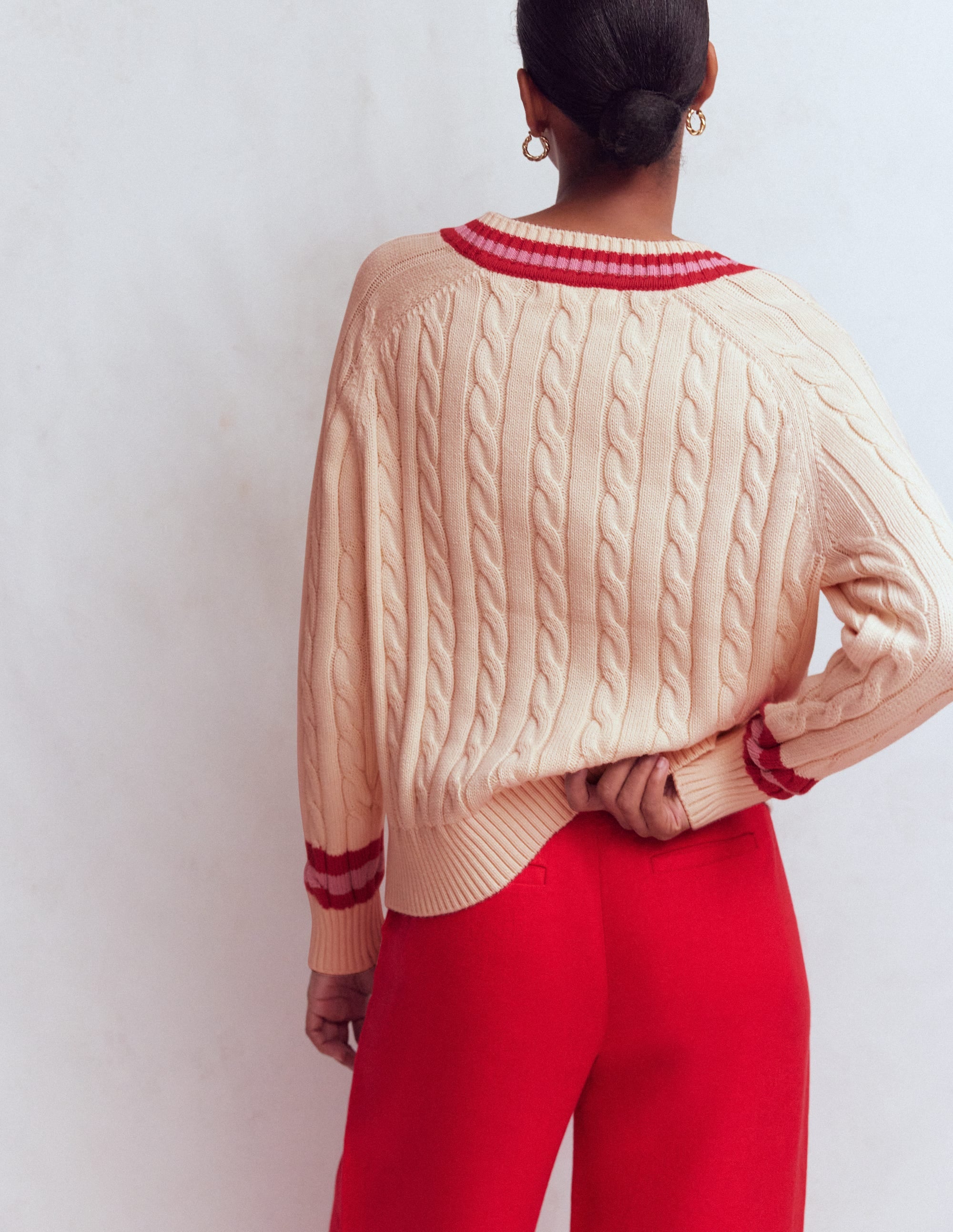 Maeve Textured Cotton Jumper-Ivory Cable, Red - Image 3