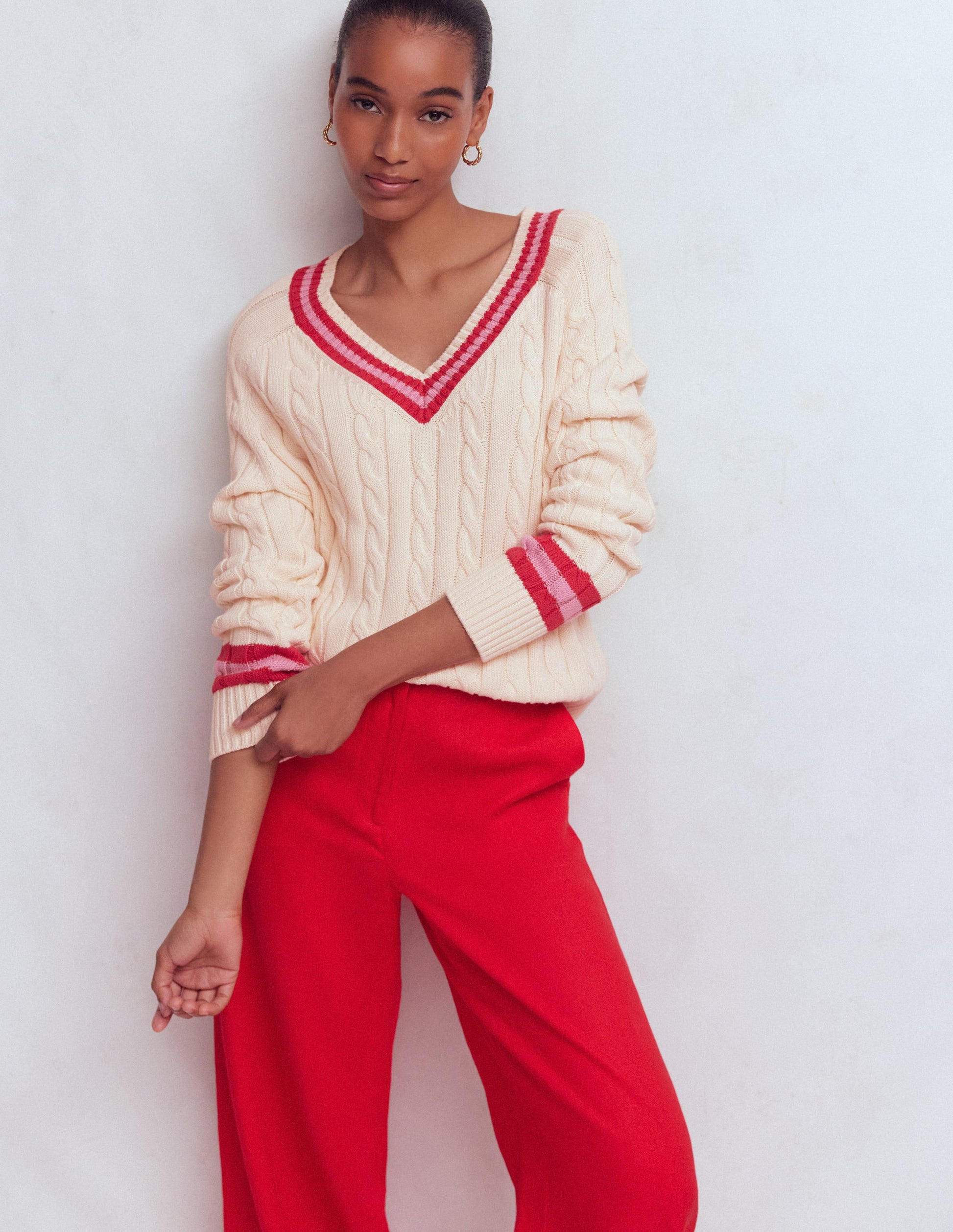 Maeve Textured Cotton Jumper-Ivory Cable, Red-5