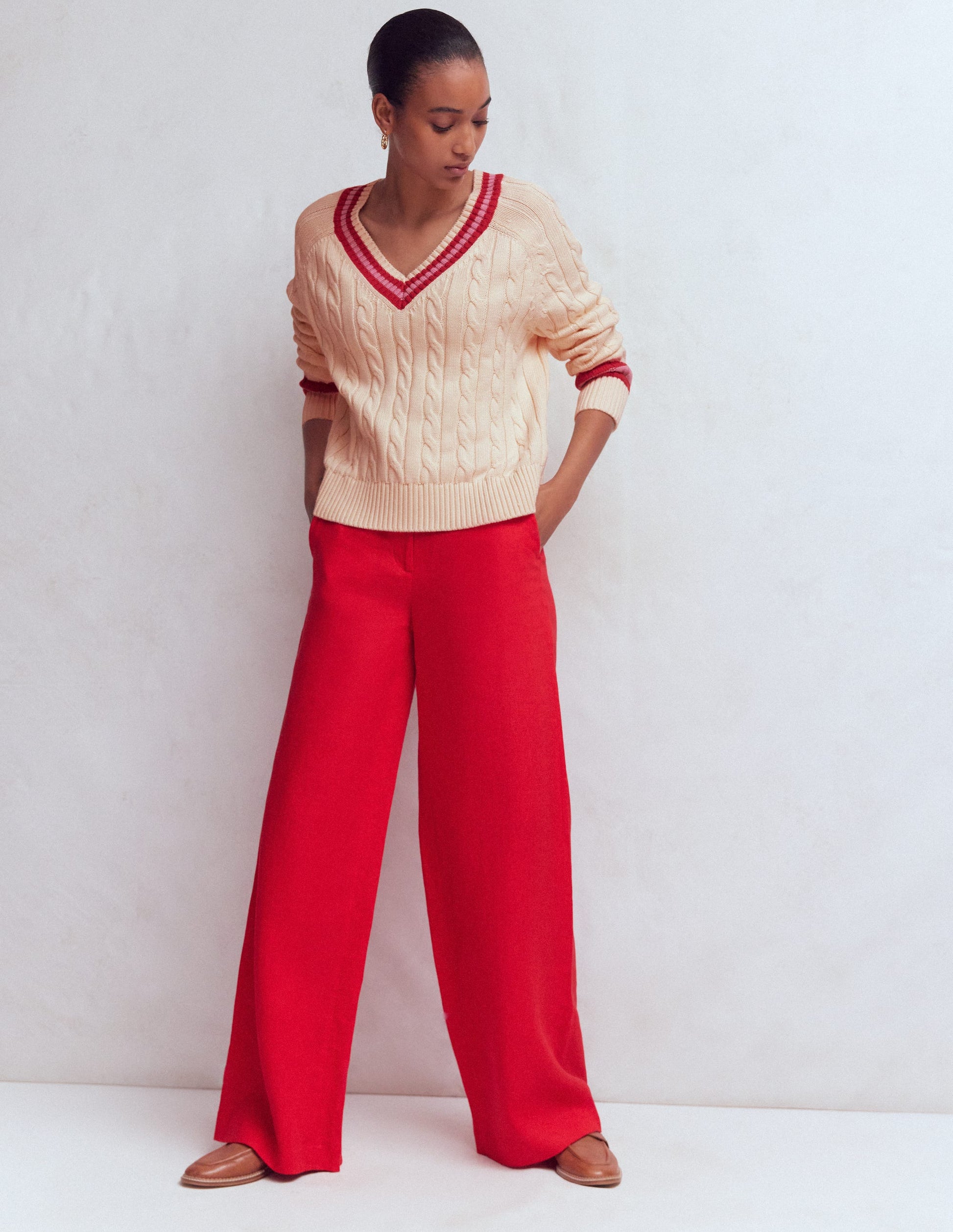 Maeve Textured Cotton Jumper-Ivory Cable, Red-6