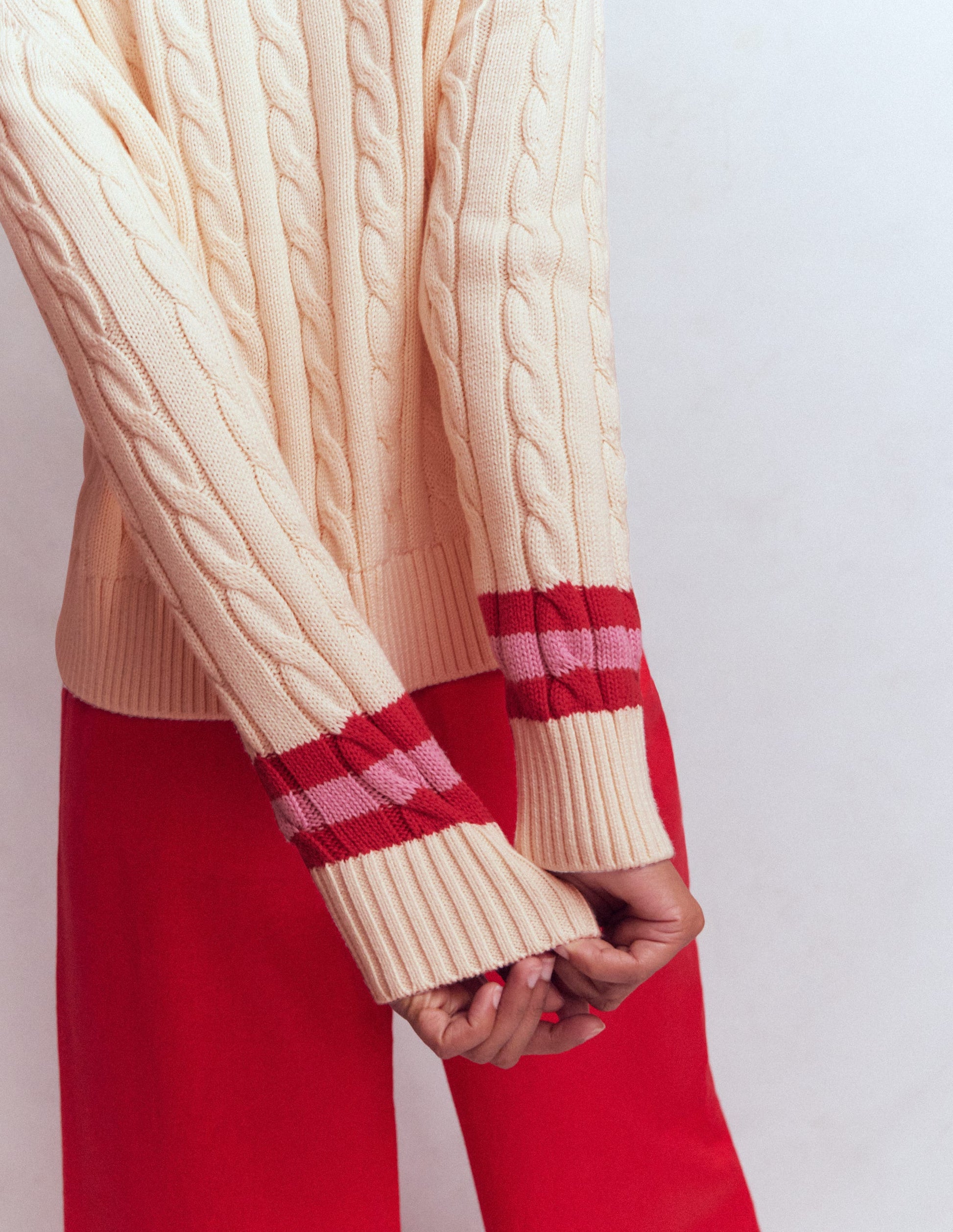 Maeve Textured Cotton Jumper-Ivory Cable, Red-7