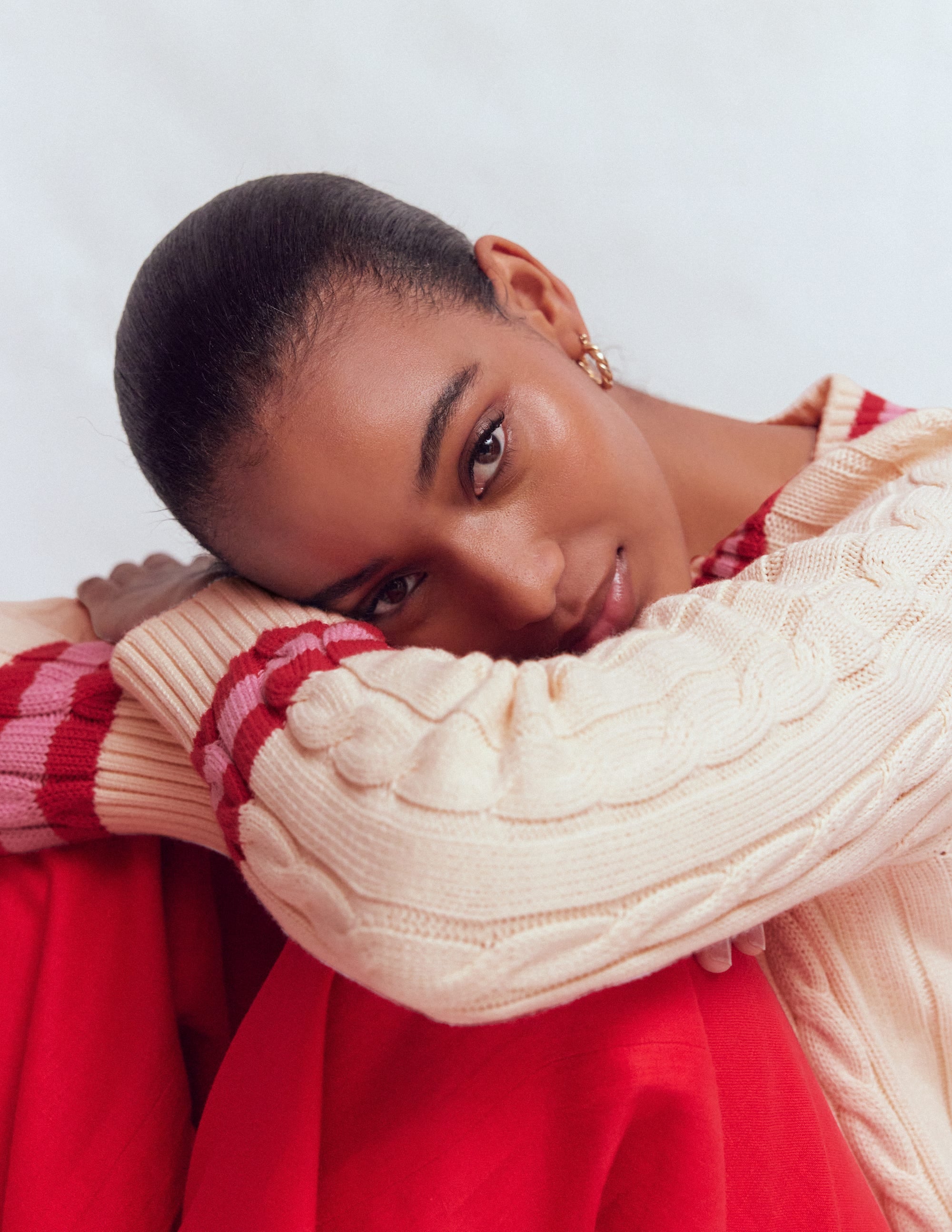 Maeve Textured Cotton Jumper-Ivory Cable, Red - Image 7