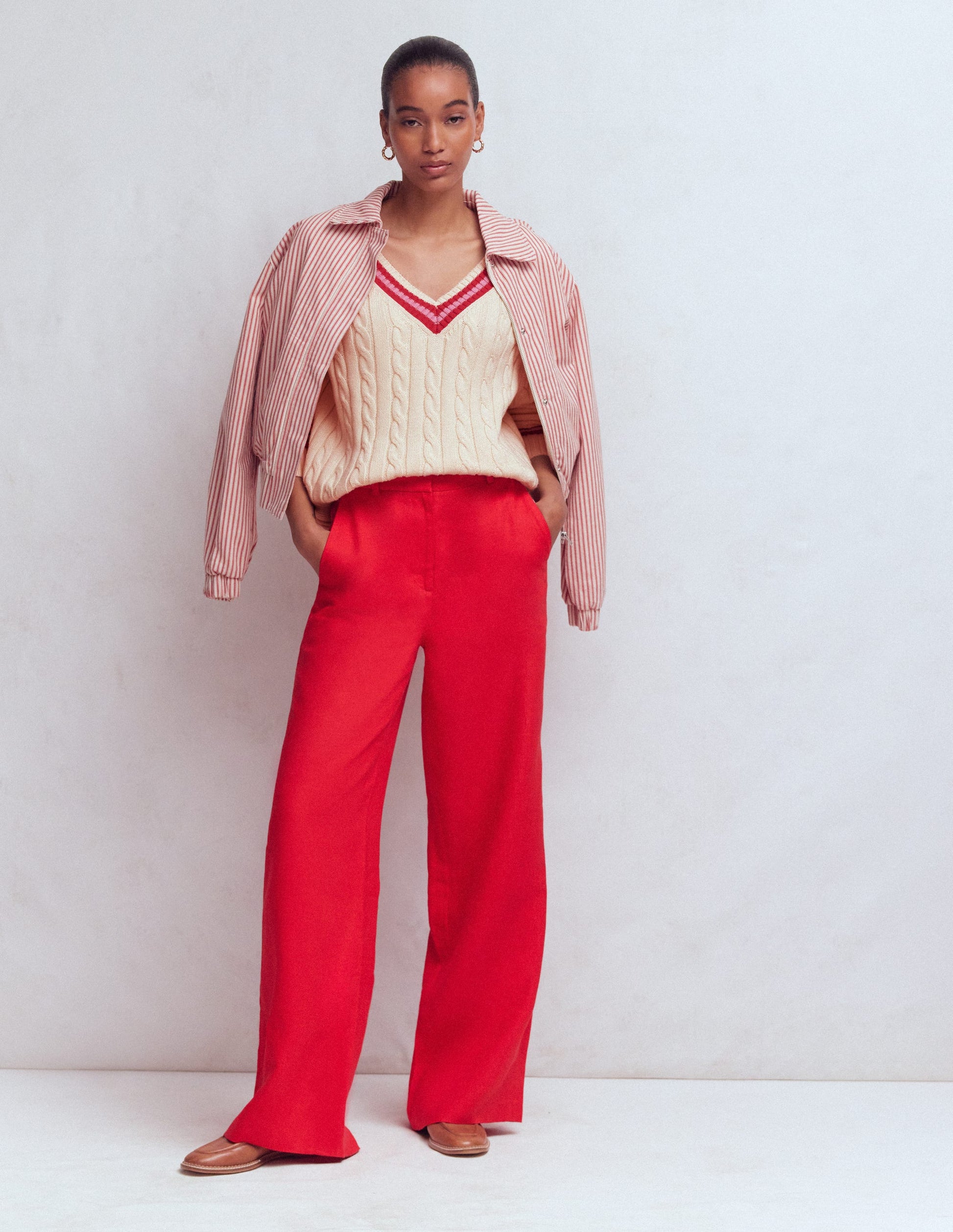 Maeve Textured Cotton Jumper-Ivory Cable, Red-9