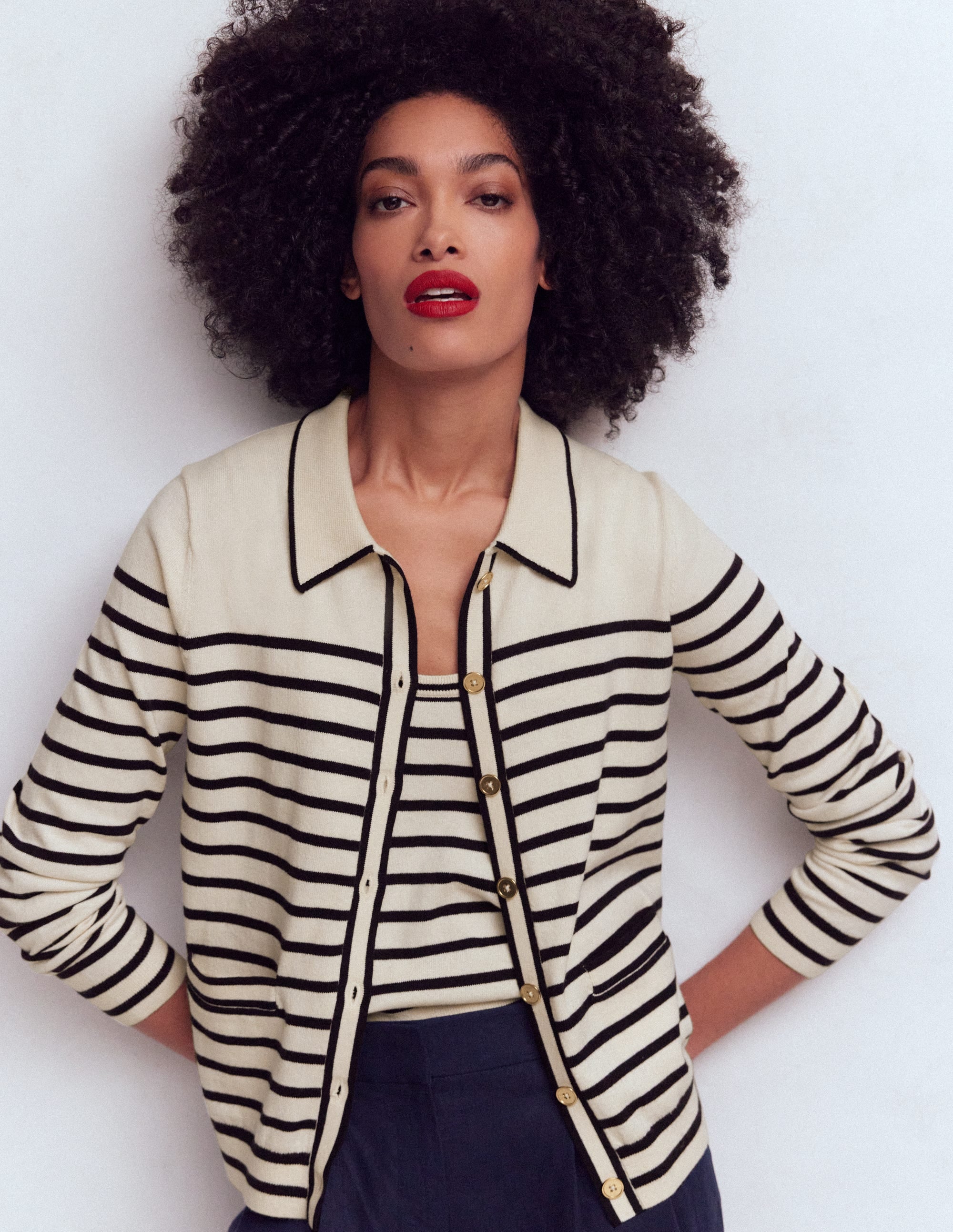 Liz Knitted Collared Cardigan-Ivory/ Navy | Boden USA