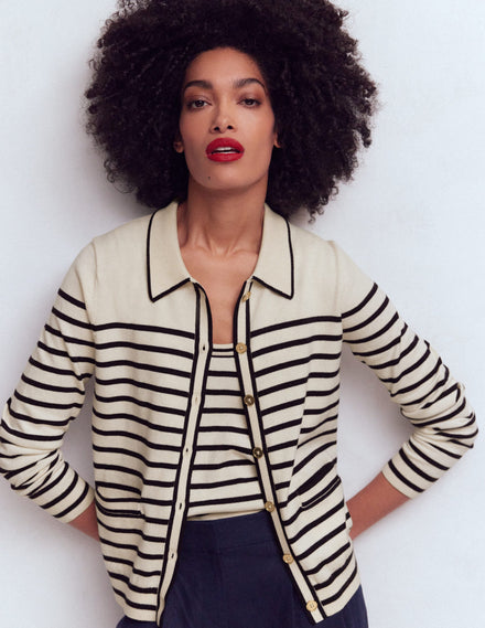 Liz Knitted Collared Cardigan-Ivory/ Navy
