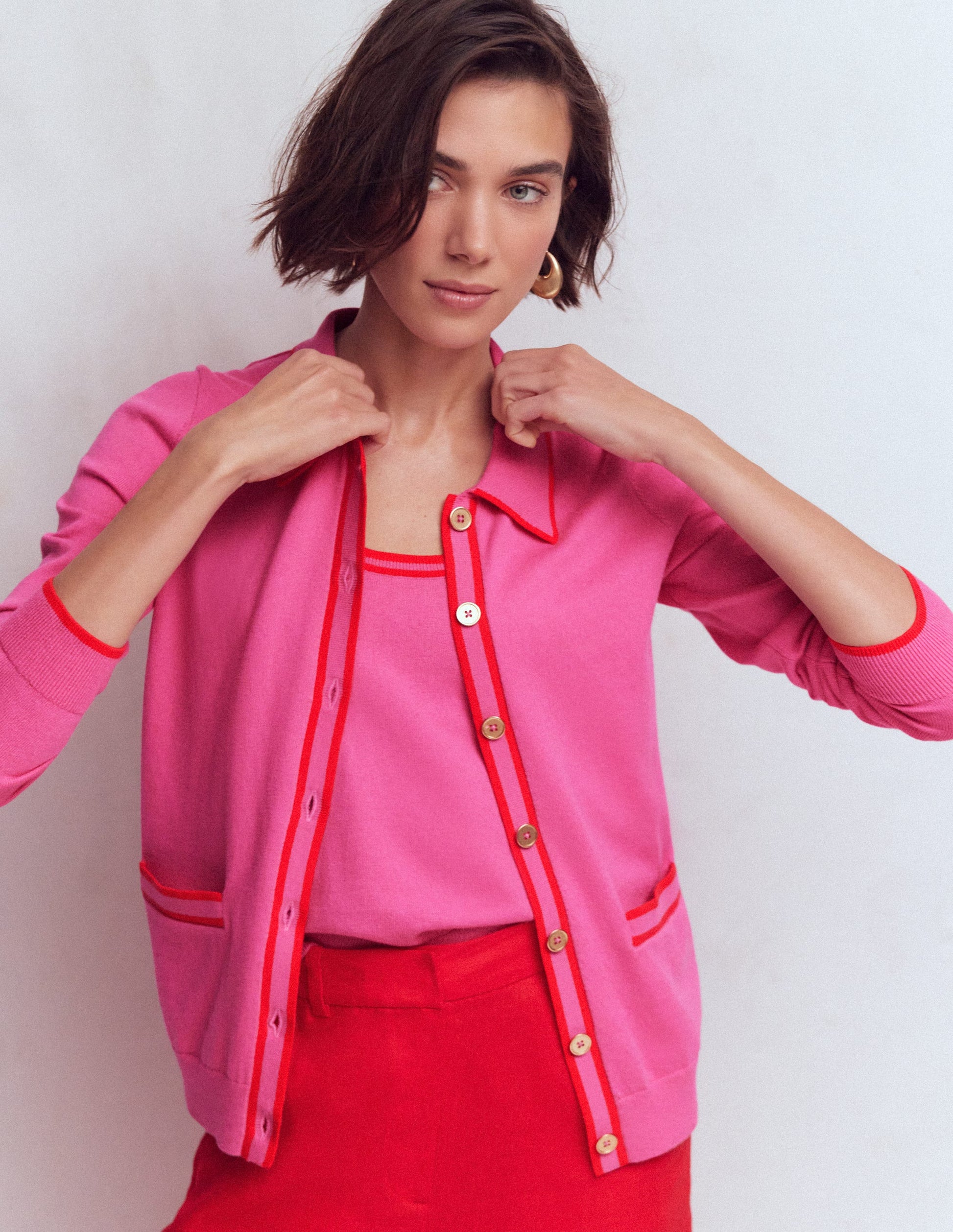 Liz Knitted Collared Cardigan-Pink Punch-5