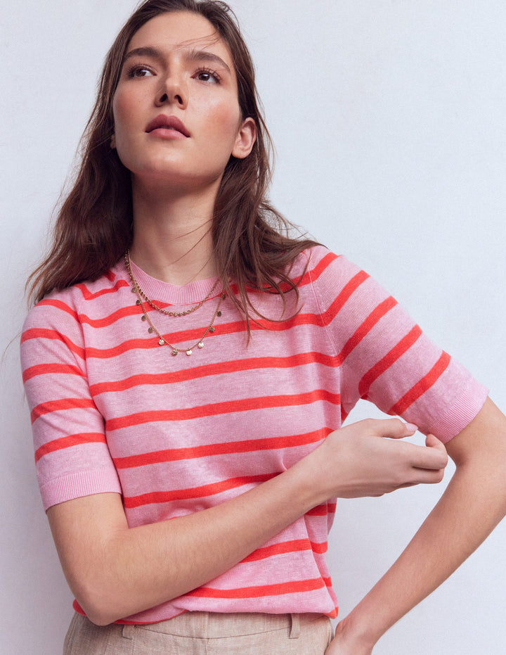 Agnes Linen T-Shirt-Sunkissed Coral / Formica Pink