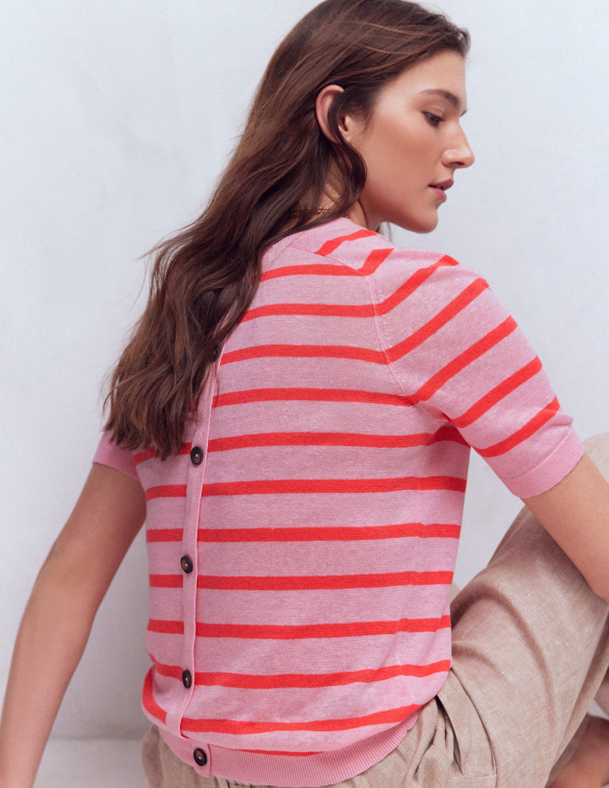 Agnes Linen Button T-Shirt-Sunkissed Coral / Formica Pink-4