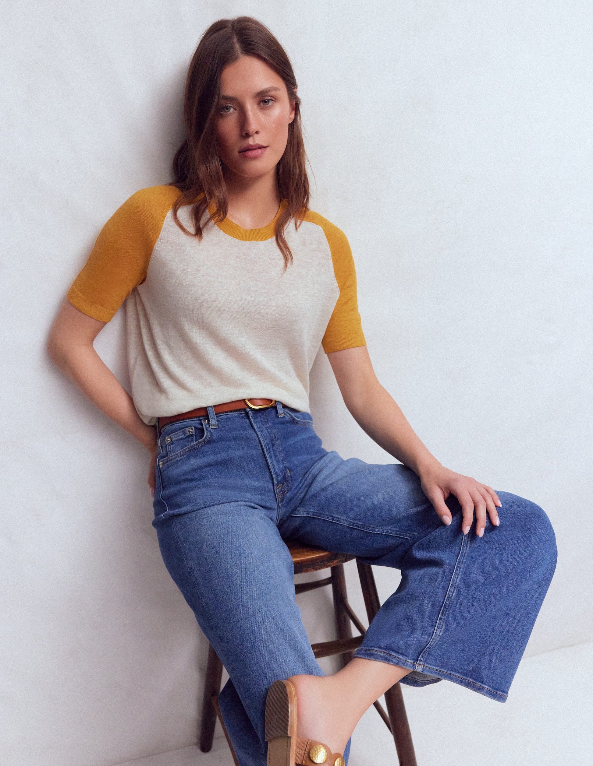 Agnes Linen Button T-Shirt-Yellow, Colour Block-1