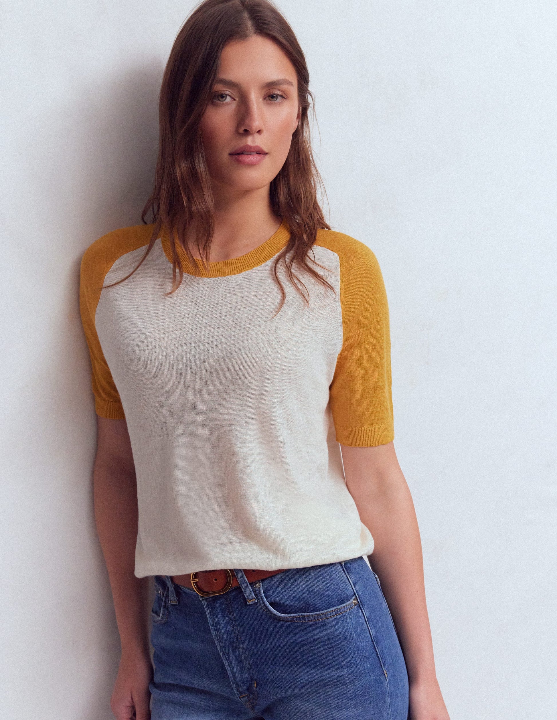 Agnes Linen Button T-Shirt-Yellow, Colour Block-2