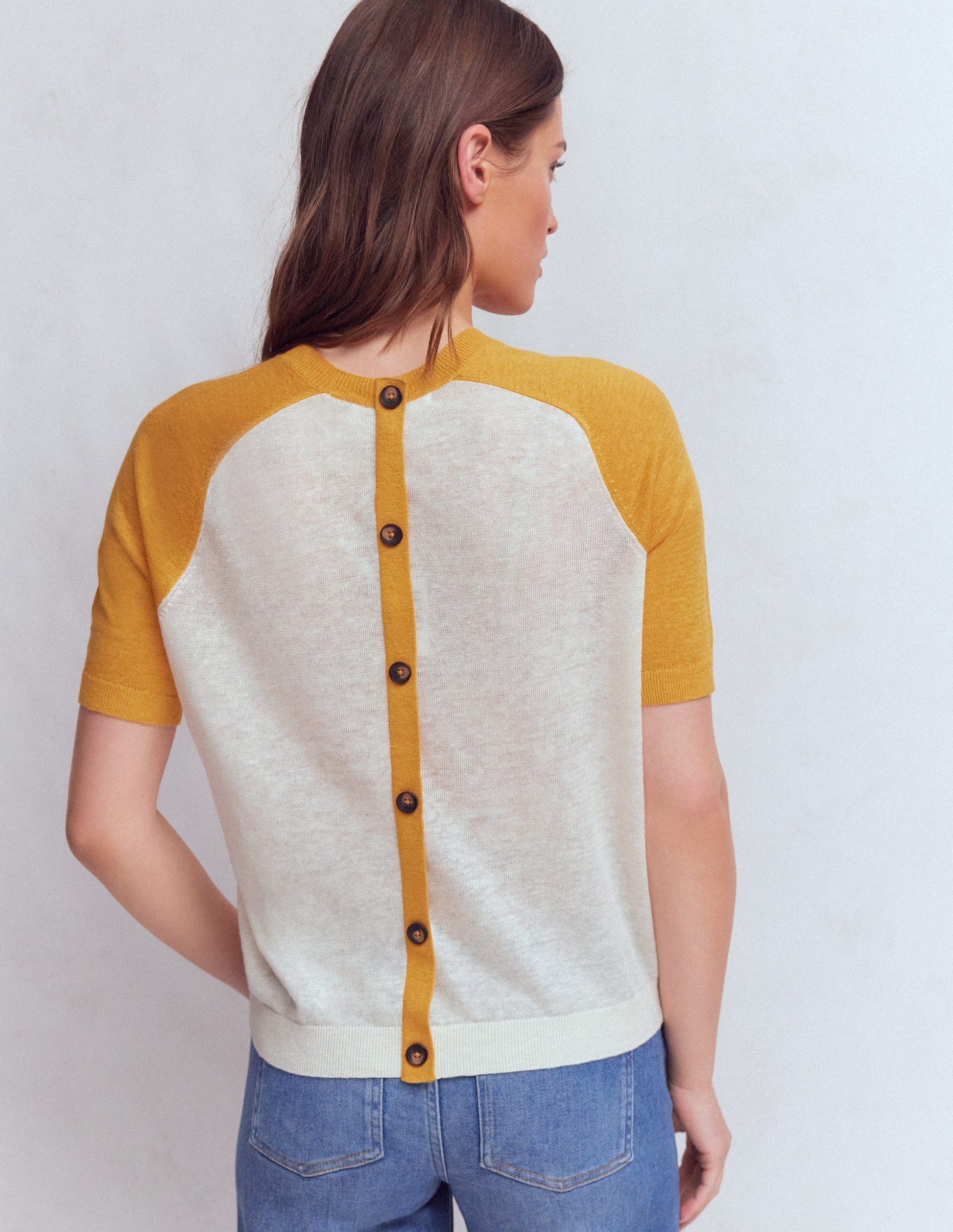 Agnes Linen Button T-Shirt-Yellow, Colour Block-3