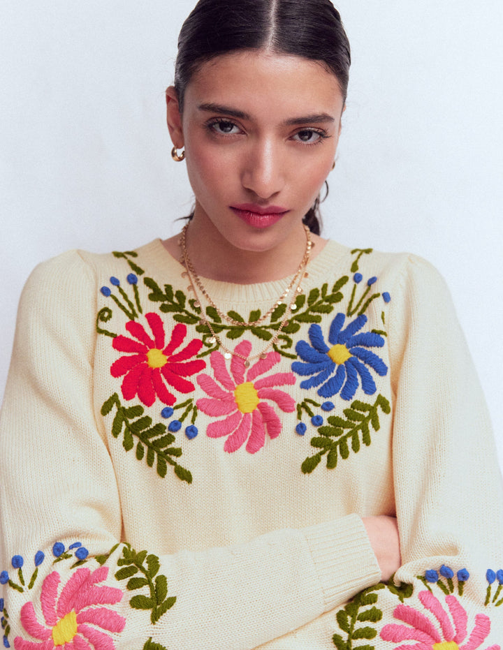 Davina Puff Sleeve Sweater-Ivory Embroidery