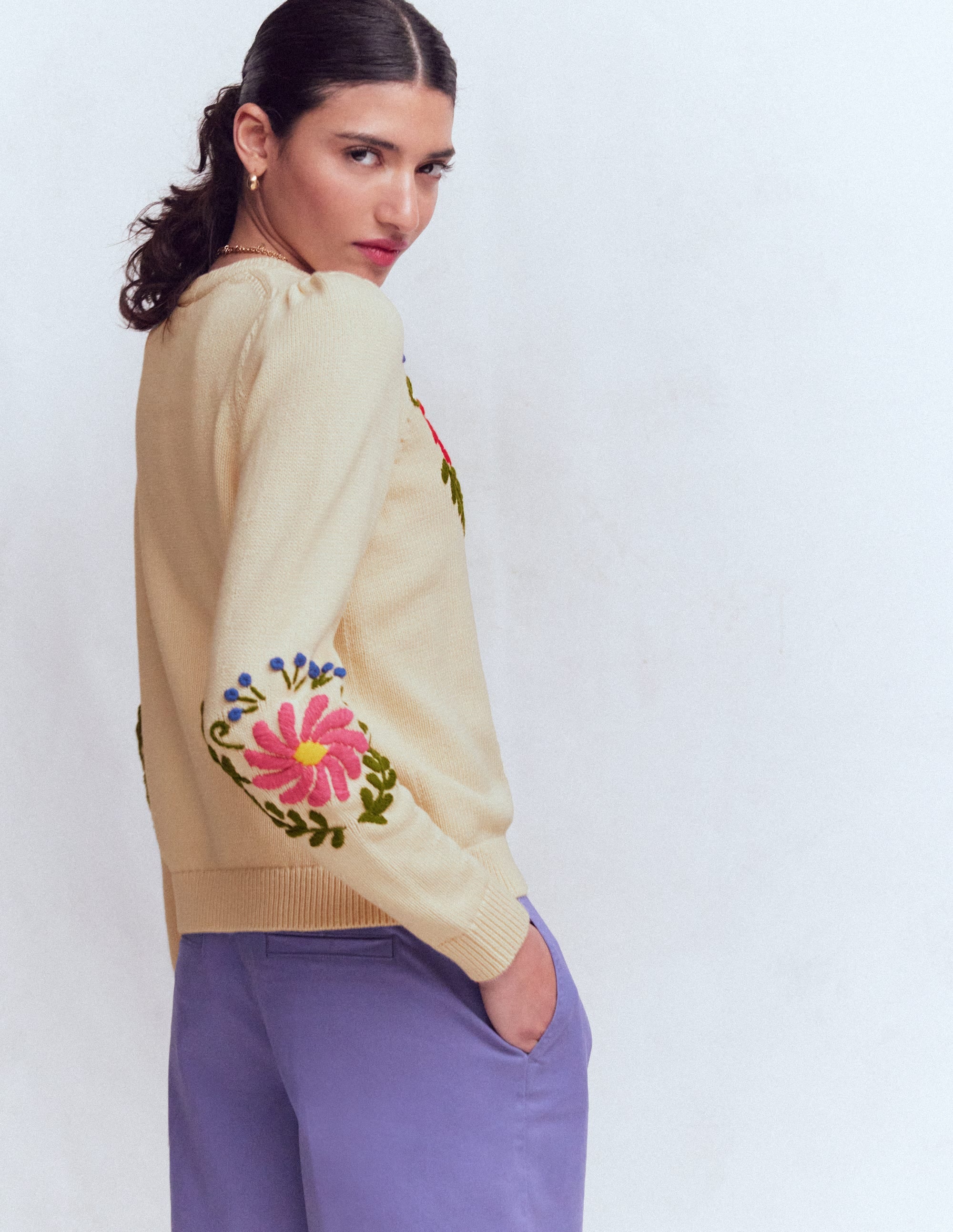 Davina Puff Sleeve Sweater-Ivory Embroidery | Boden USA