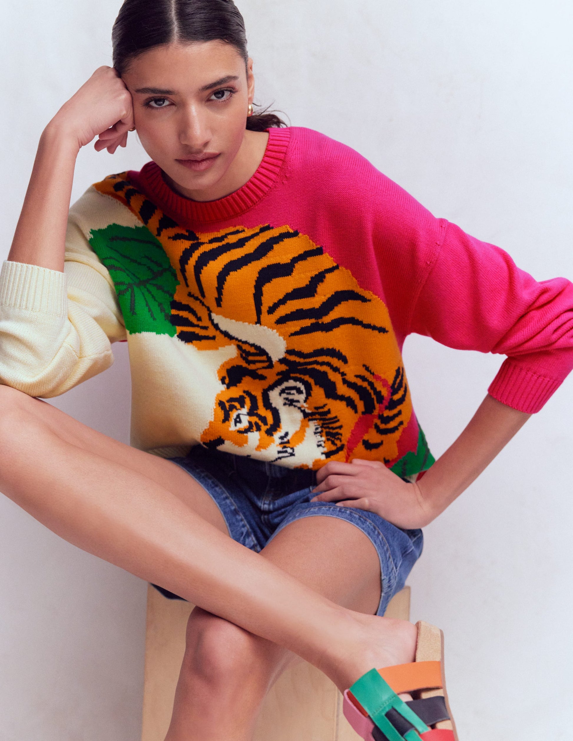 Jacquard Jumper-Warm Ivory and Pink Tiger-1
