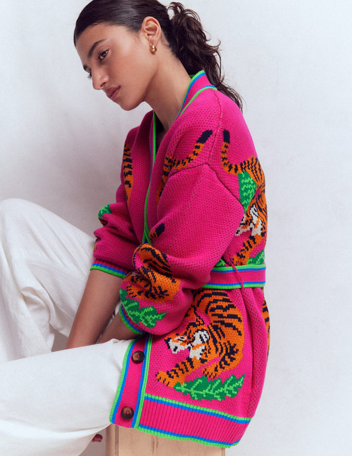 Jacquard Belted Cardigan-Pink Yarrow Tigers