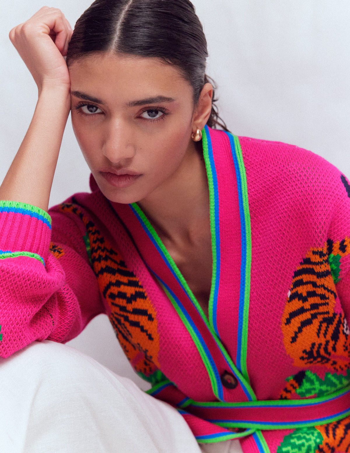 Jacquard Belted Cardigan-Pink Yarrow Tigers - Image 2