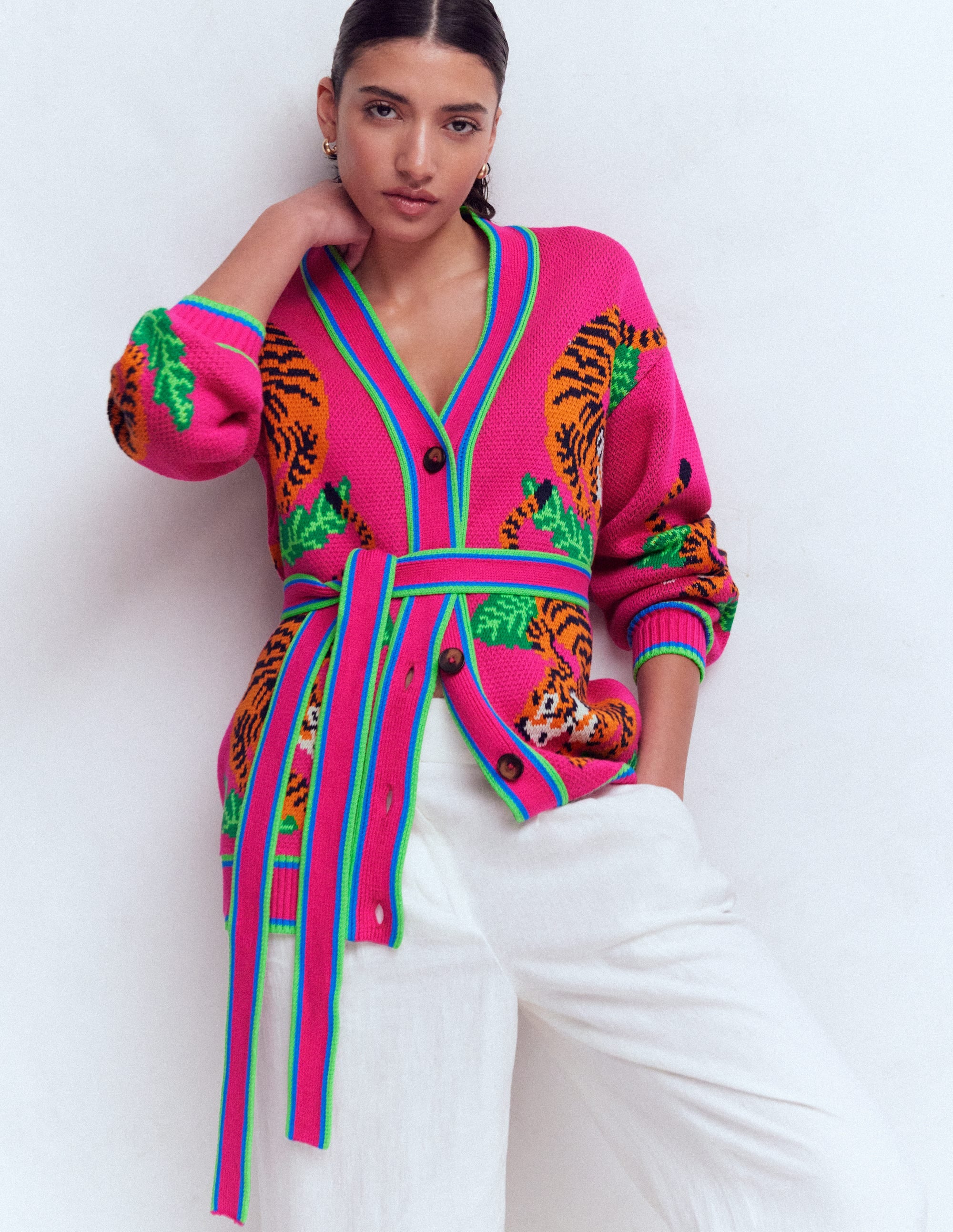 Jacquard Belted Cardigan-Pink Yarrow Tigers | Boden USA