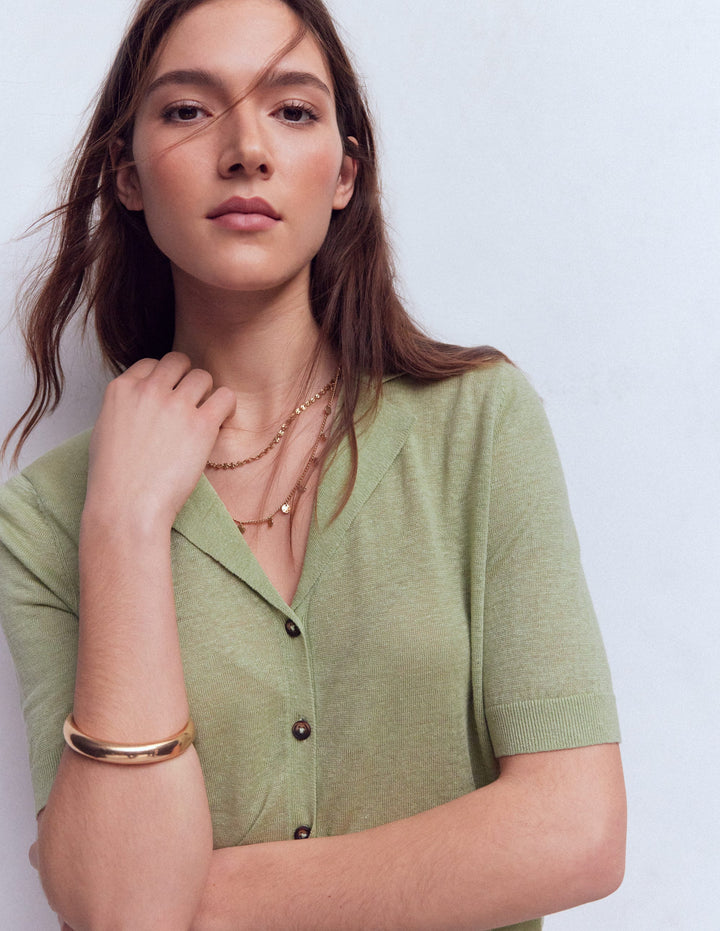 Agnes Collar Linen Cardigan-Green