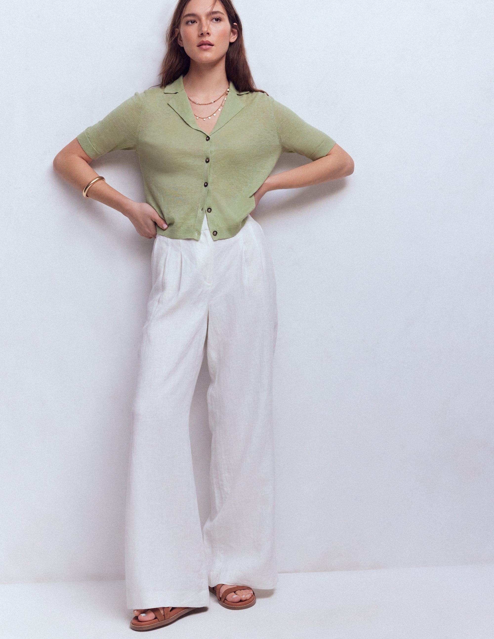 Agnes Collar Linen Cardigan-Green | Boden USA