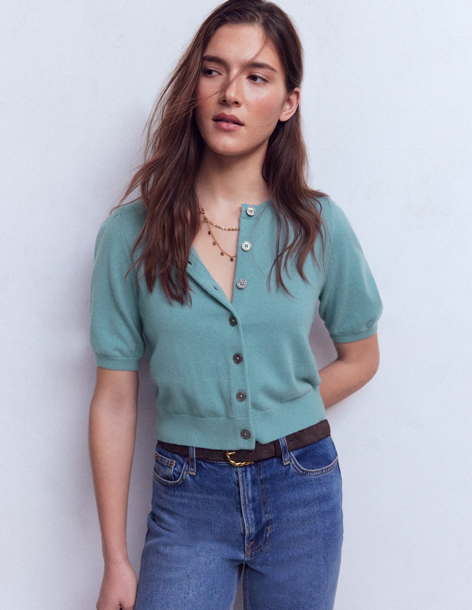 Cropped Cashmere Cardigan-Misty Blue-4