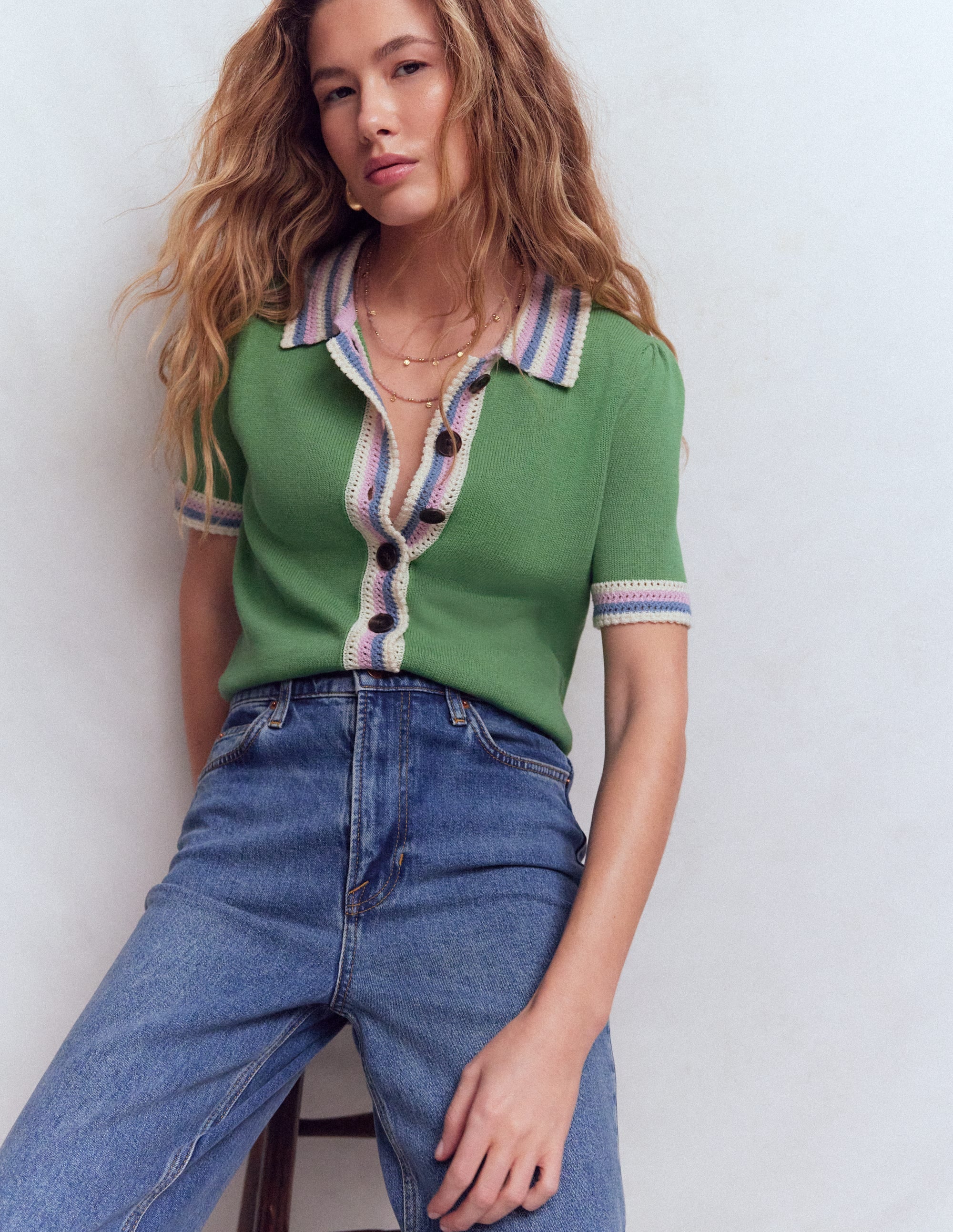 美品 セオリー リネン レーヨン ケーブル サマーニット◆カーキ Saffron Crochet Trim Cardigan - Green | Boden USA