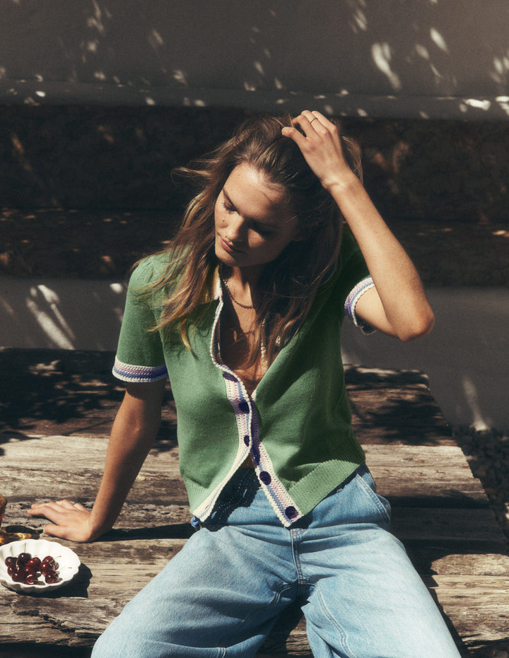 Saffron Crochet Trim Cardigan-Green