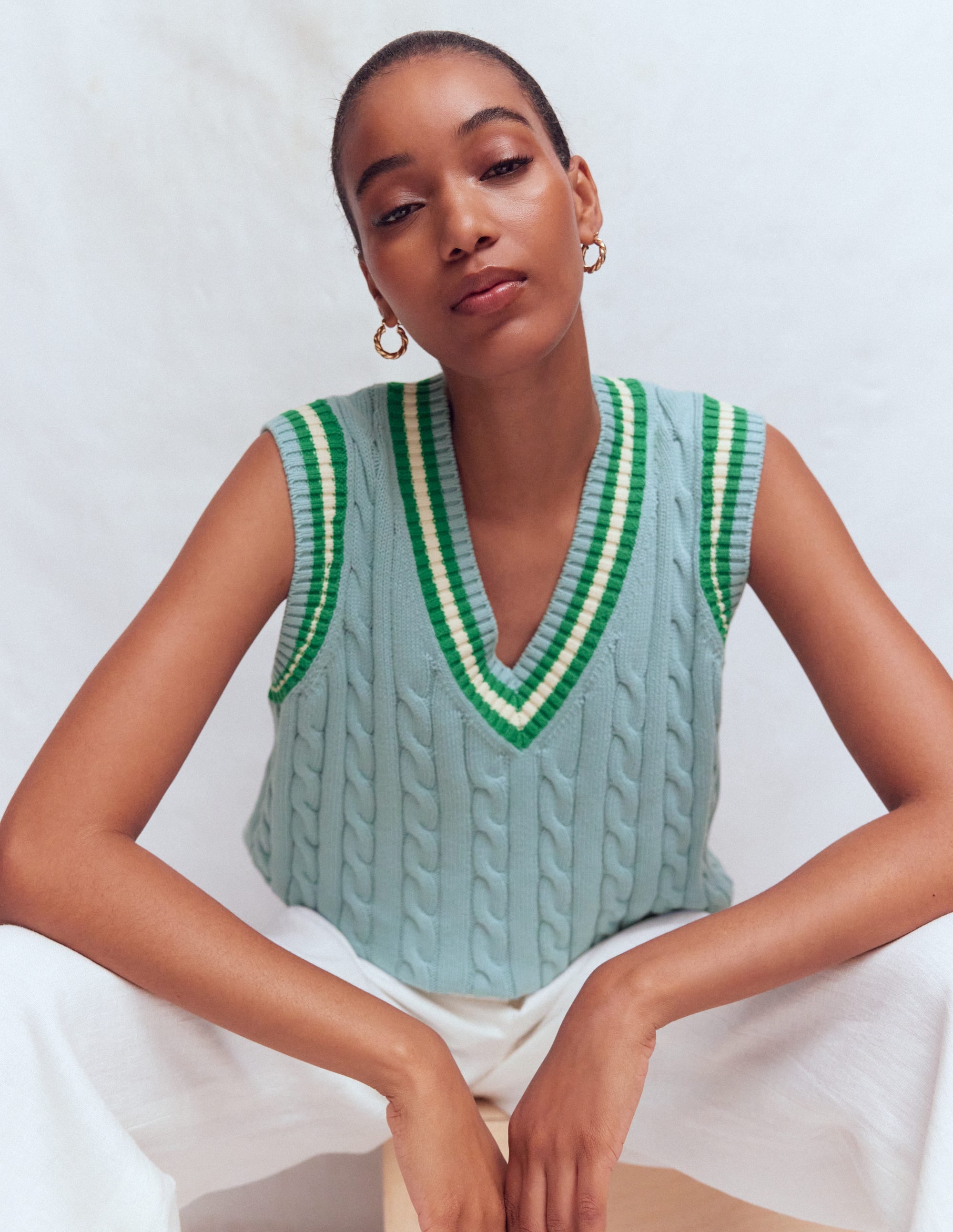 Maeve Cable V Neck Tank-Blue, Green - Image 1
