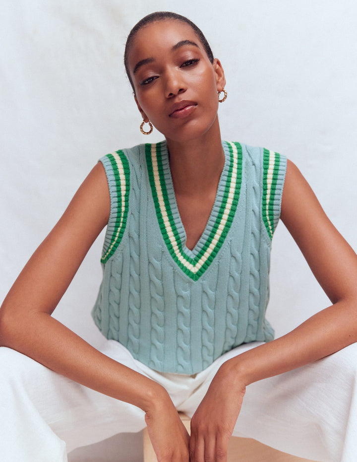 Maeve Cable V Neck Tank-Blue, Green