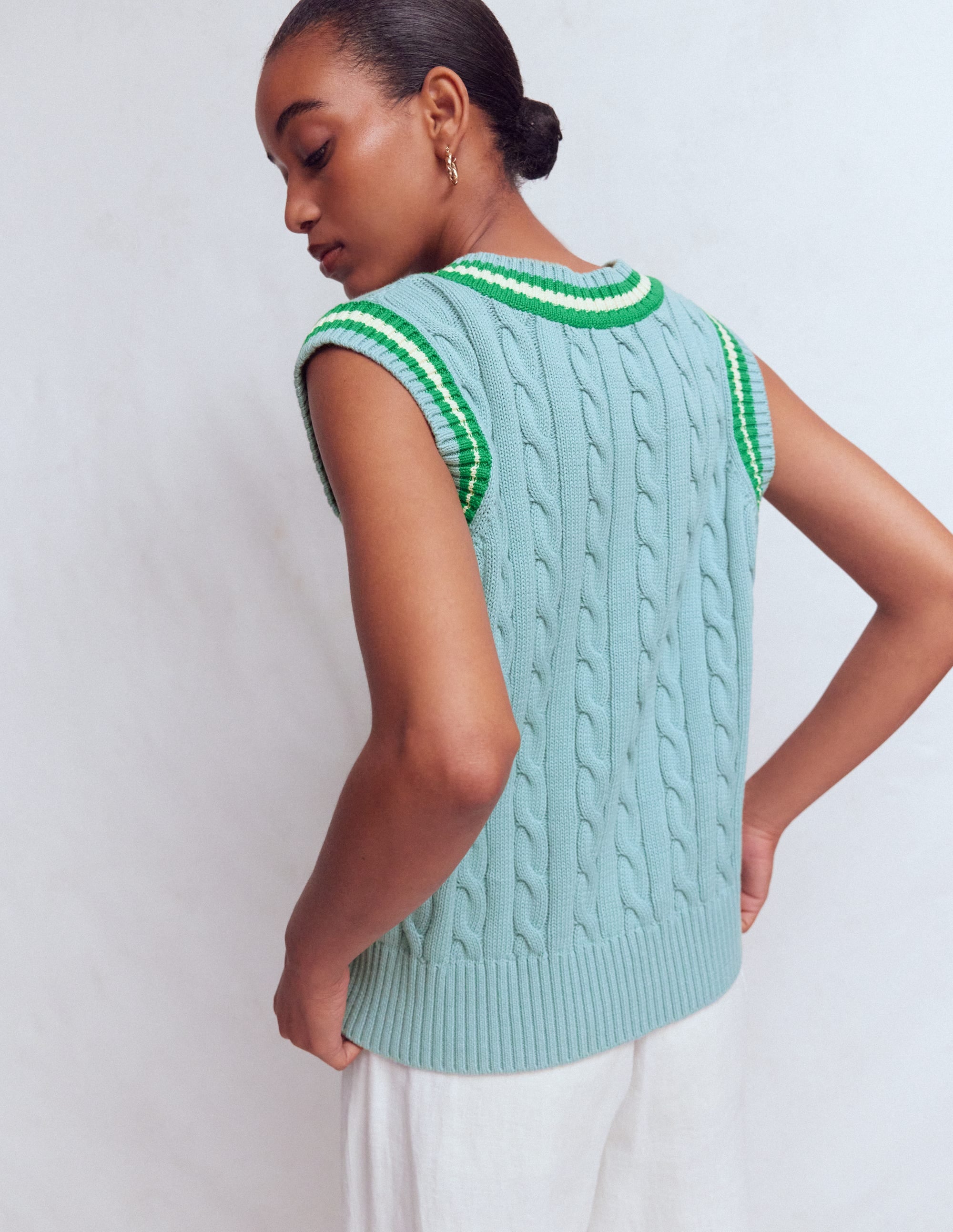 Maeve Cable V Neck Tank-Blue, Green - Image 3