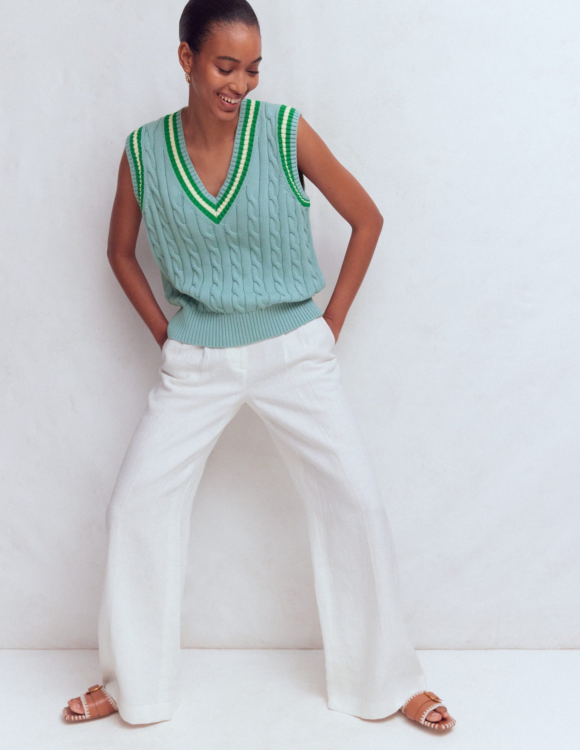 Maeve Cable V Neck Tank-Blue, Green-4