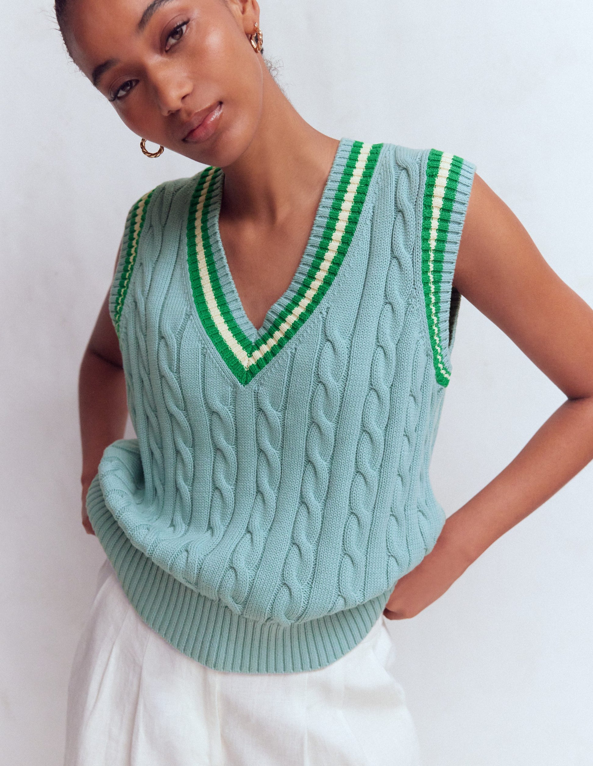 Maeve Cable V Neck Tank-Blue, Green-5