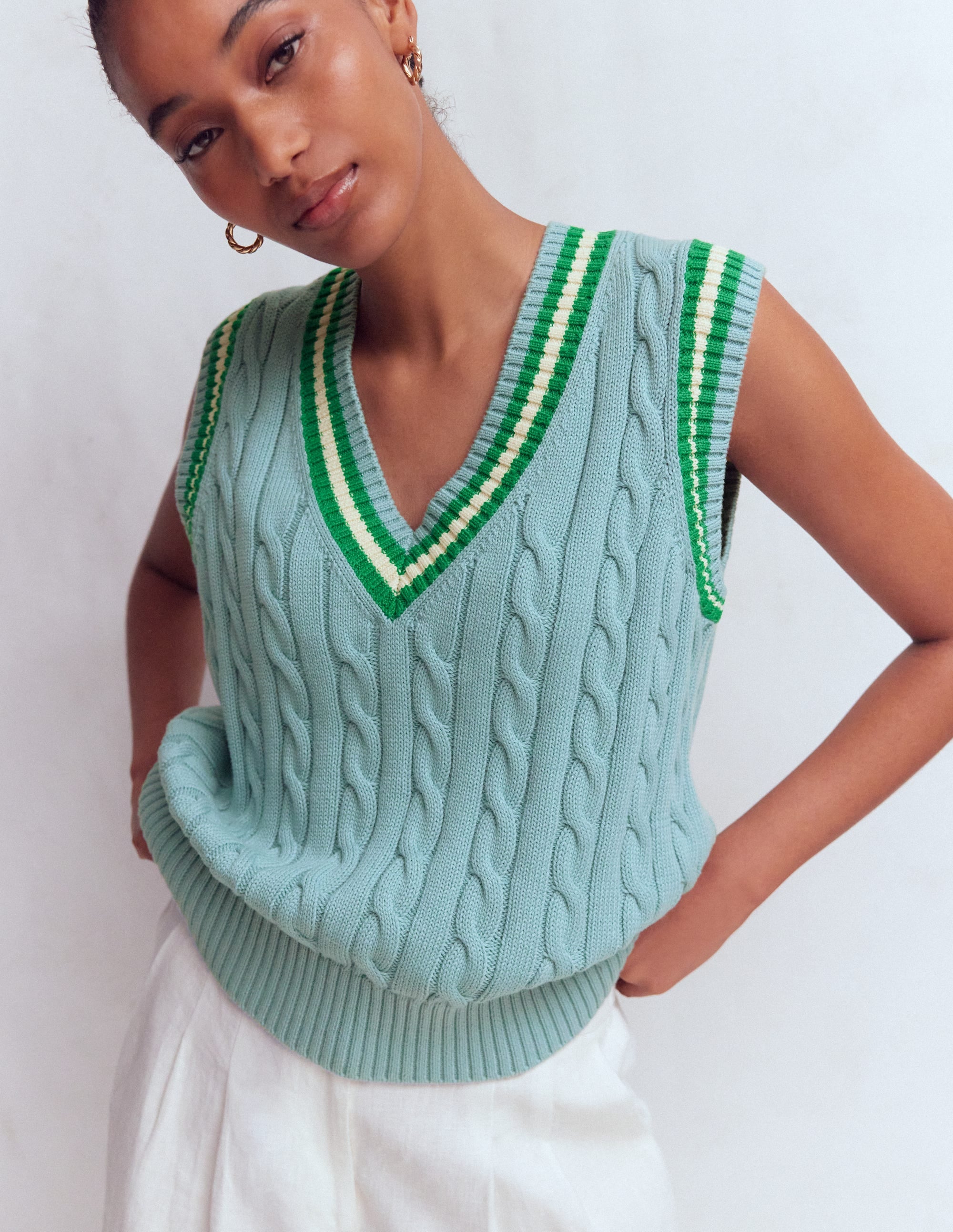 Maeve Cable V Neck Tank-Blue, Green - Image 5