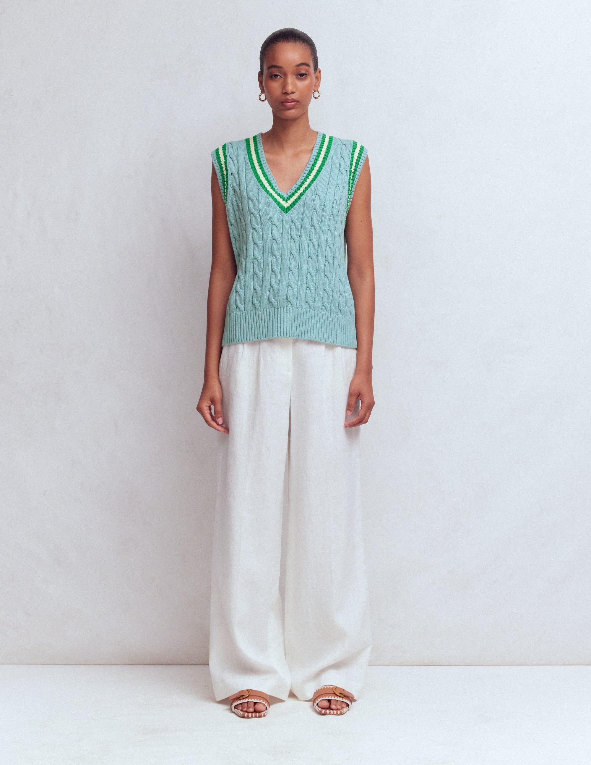Maeve Cable V Neck Tank-Blue, Green - Image 7