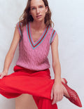 Maeve Cable V Neck Tank-Pink, Red