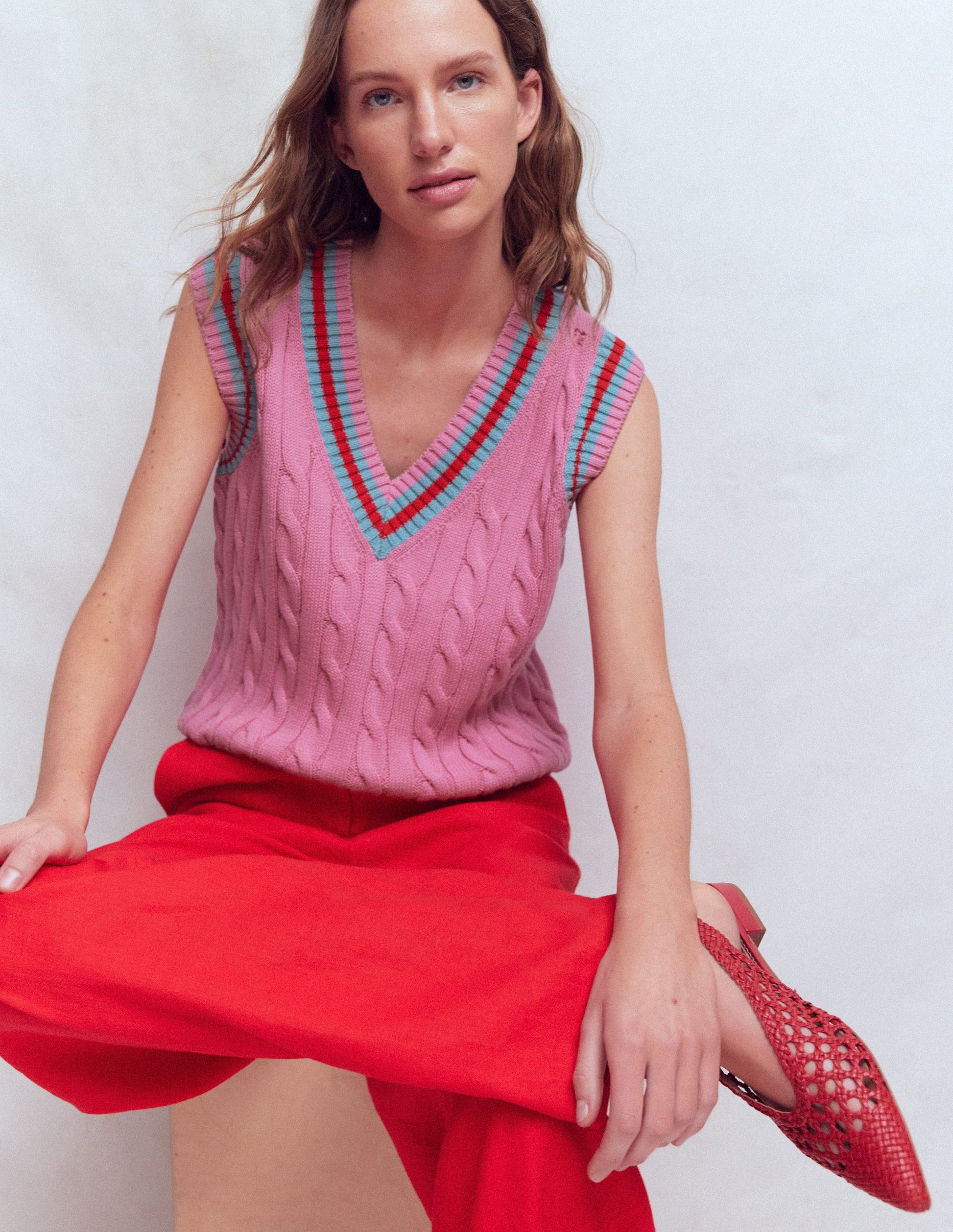 Maeve Cable V Neck Tank-Pink, Red-1