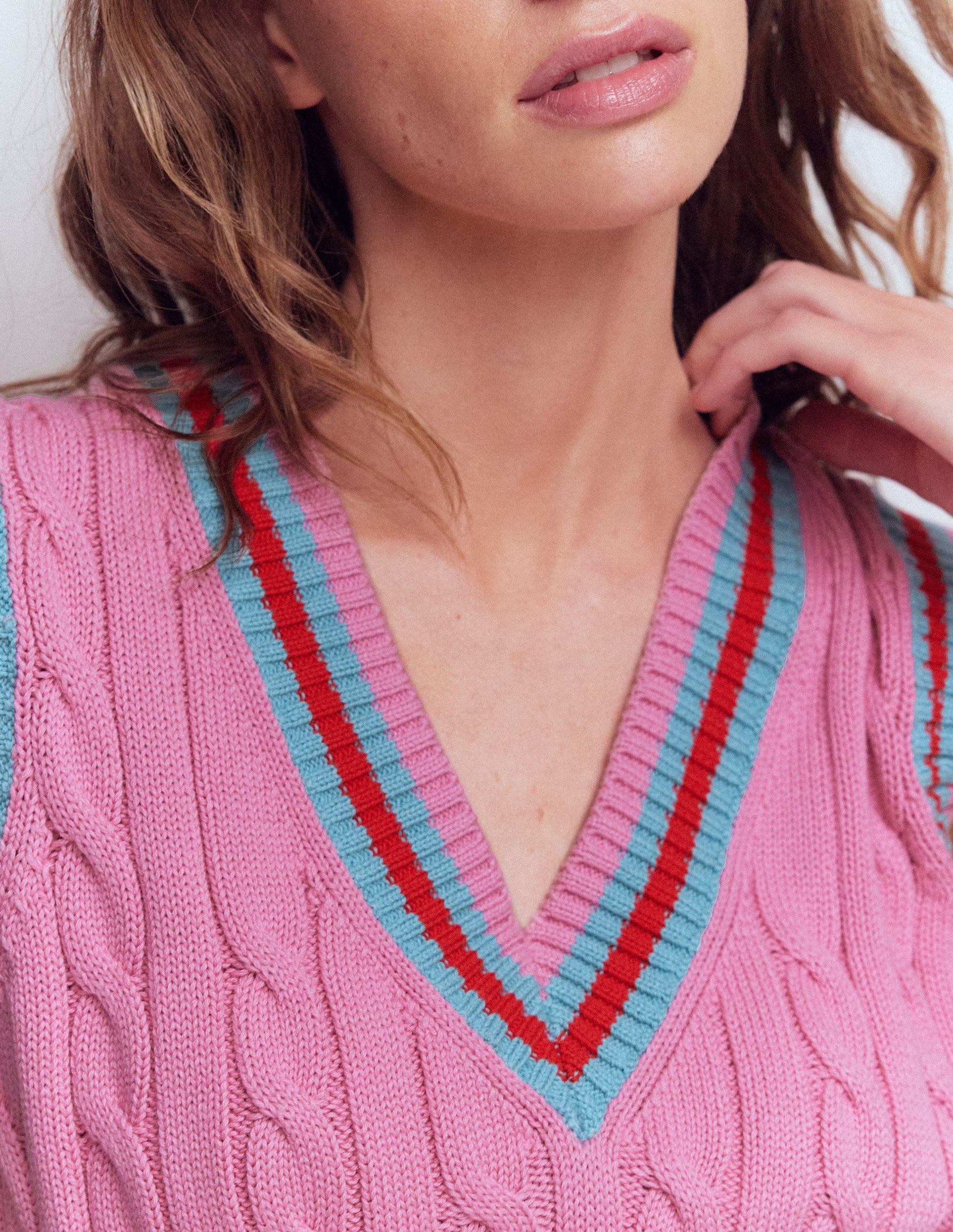 Maeve Cable V Neck Tank-Pink, Red-2