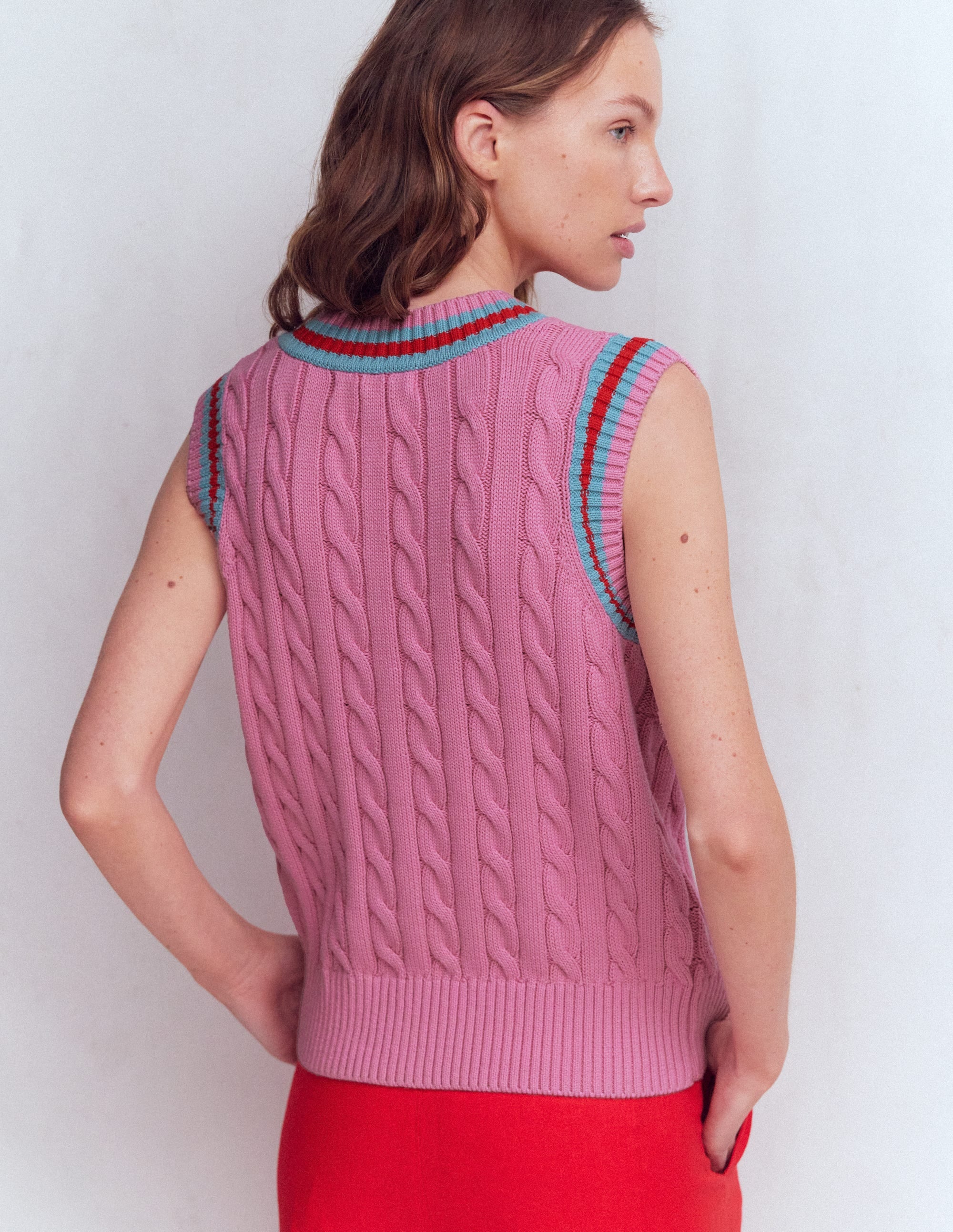 Cable V Neck Tank - Pink, Red | Boden USA