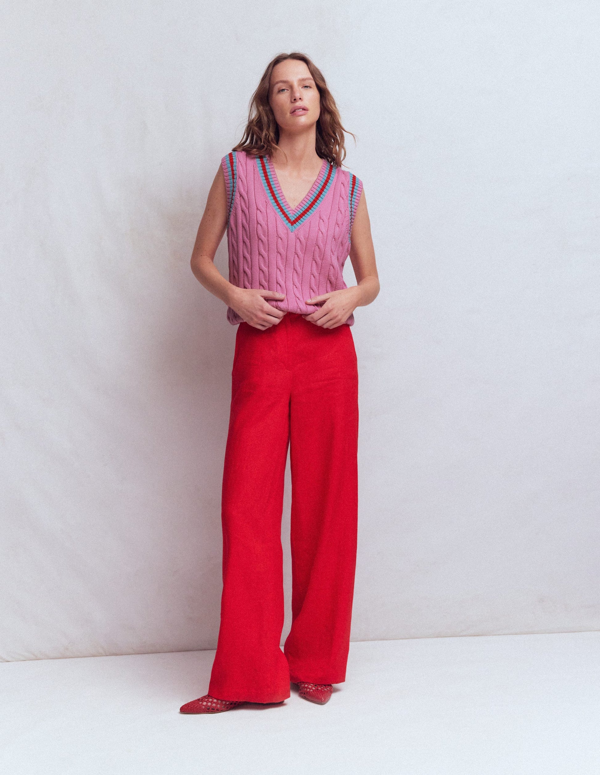 Maeve Cable V Neck Tank-Pink, Red-4