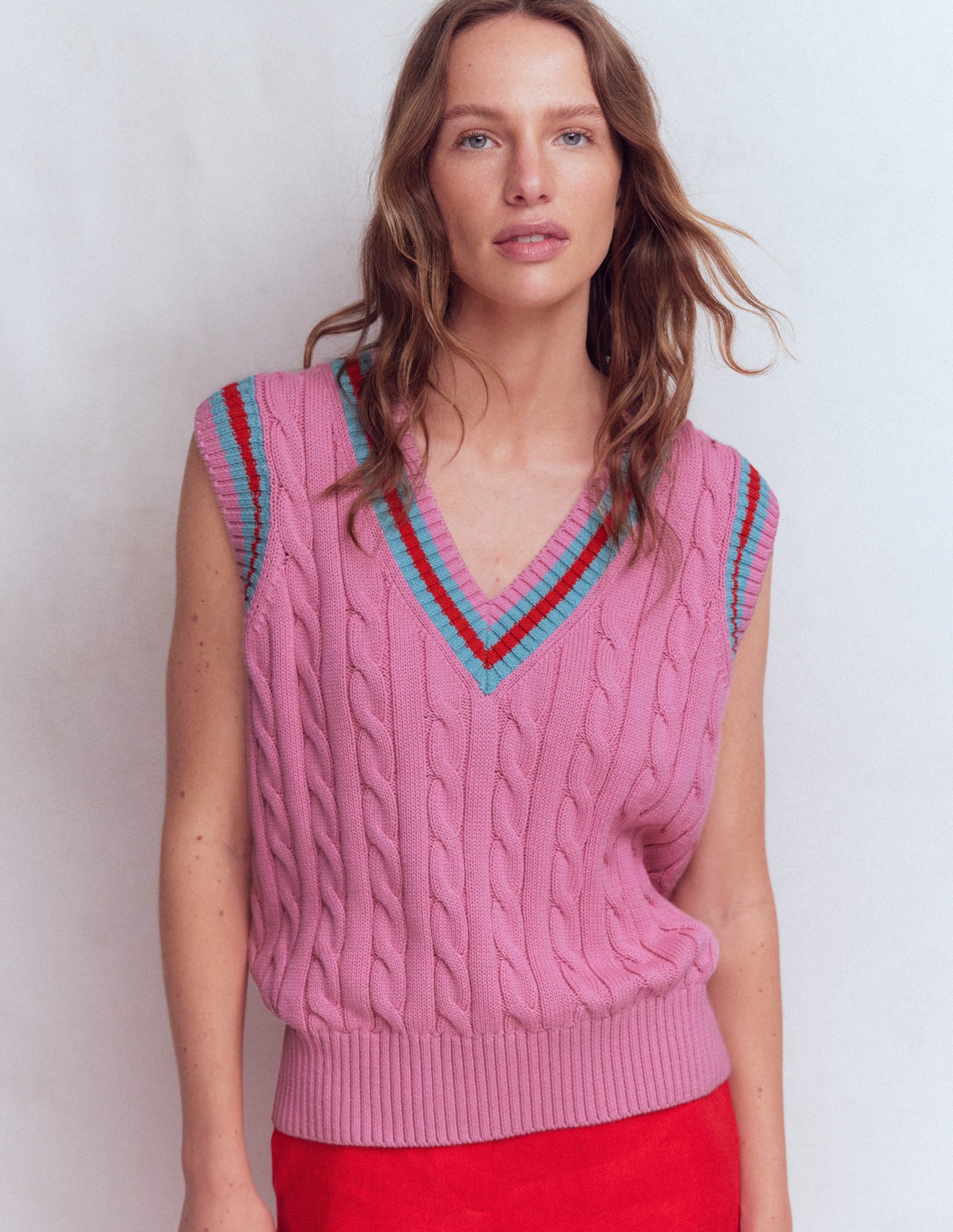 Maeve Cable V Neck Tank-Pink, Red - Image 5
