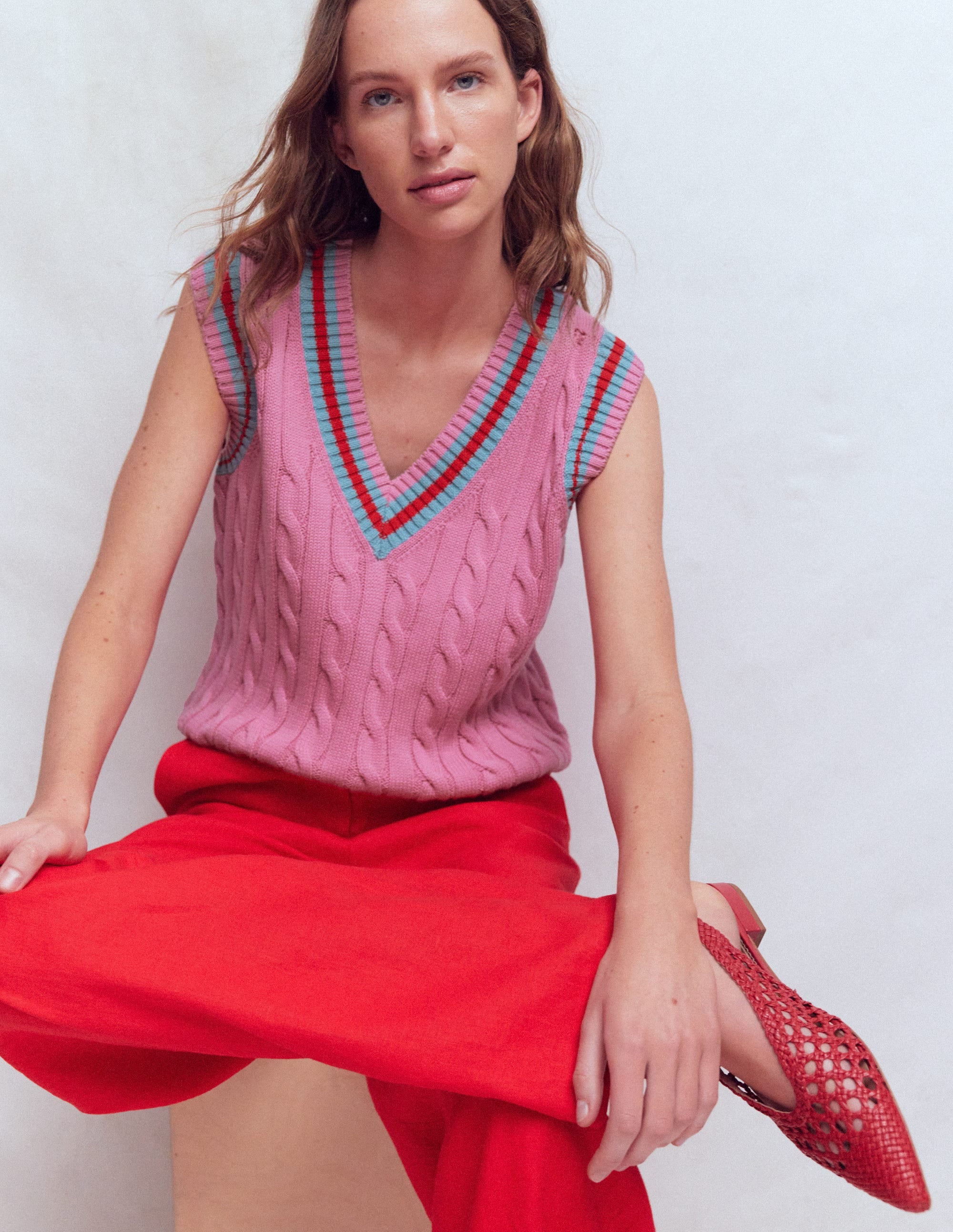 Maeve Cable V Neck Tank-Pink, Red - Image 6