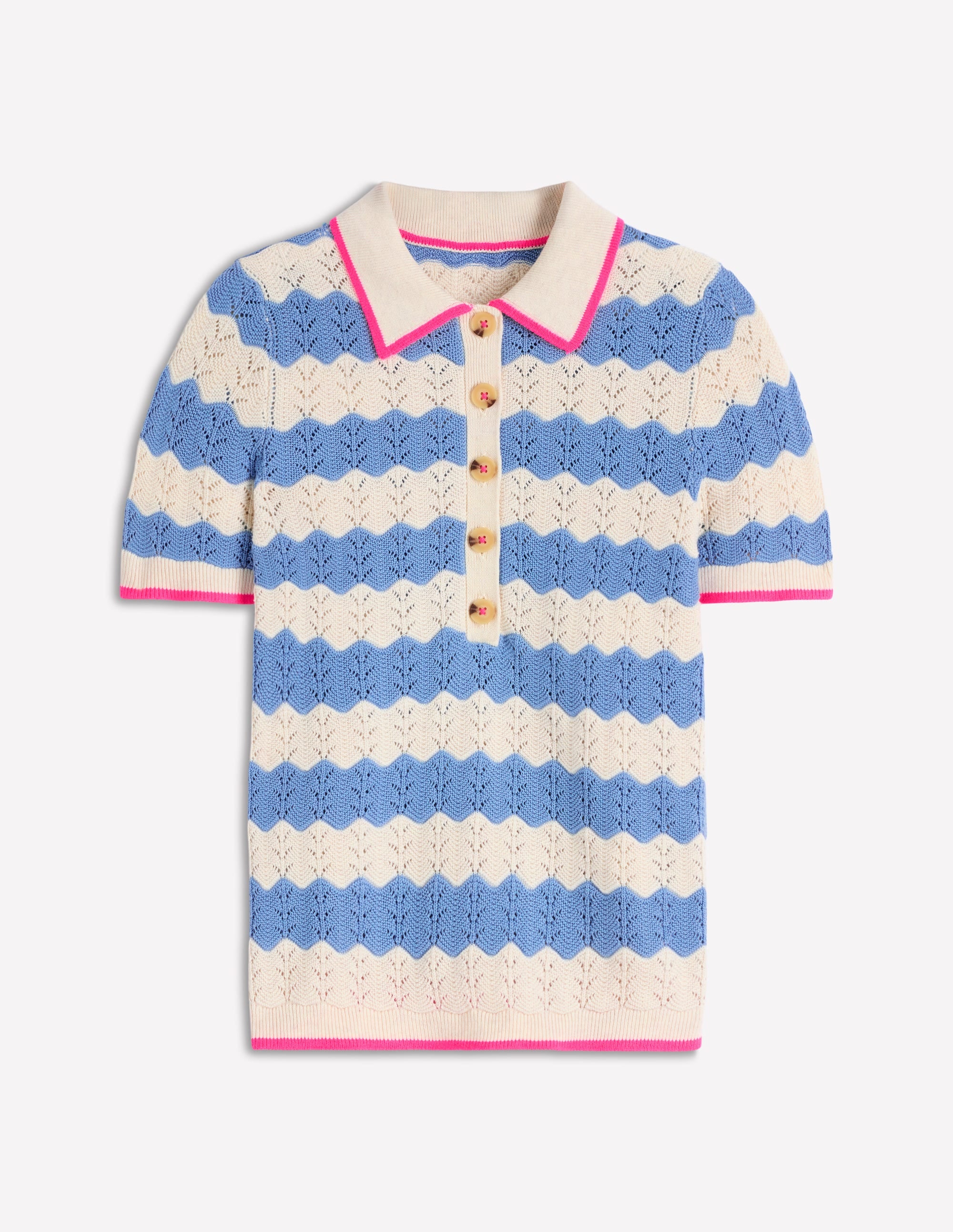 Pointelle Henley T-shirt-Blue, White - Image 6