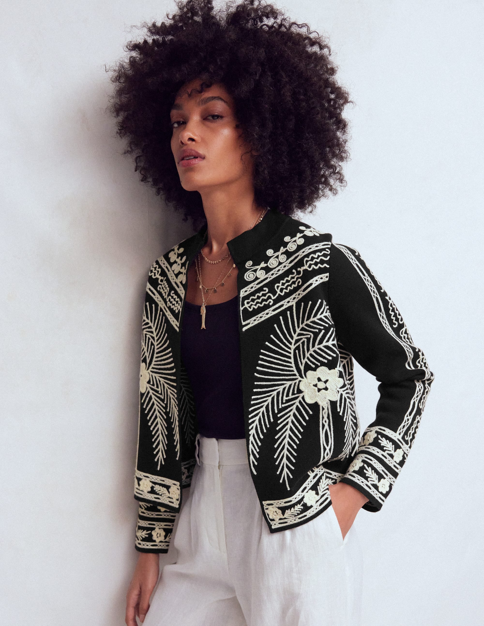 Elena Stand Neck Jacket - Black Embroidery | Boden USA
