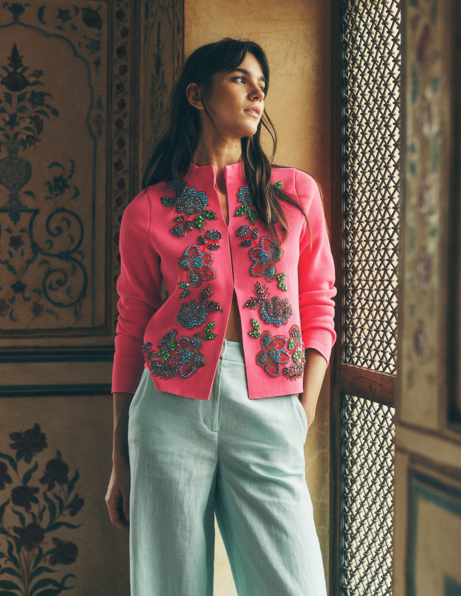 Elena Stand Neck Jacket-Pink Embroidery-5