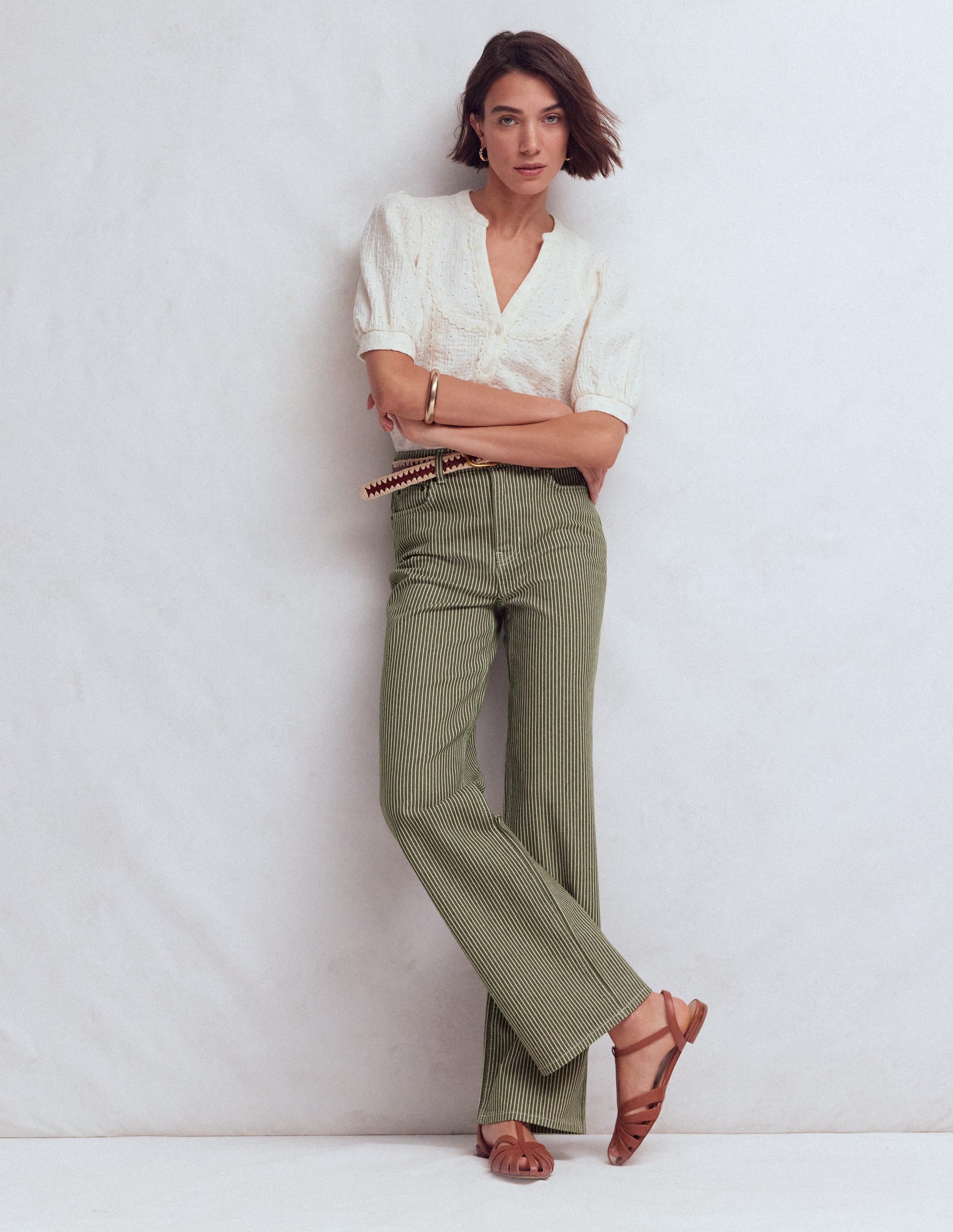 High Rise Column Leg Jeans-Olive Ecru Stripe - Image 1