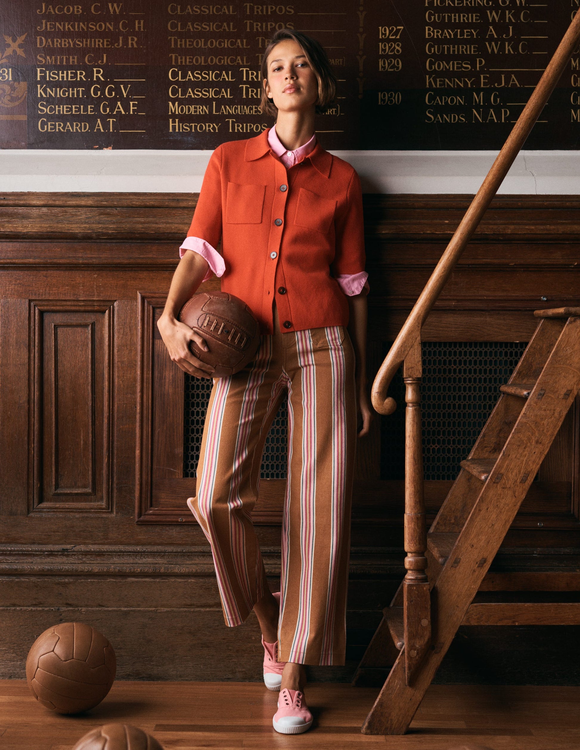 Patch Pocket Cropped Pants-Cognac, Pink Stripe-1