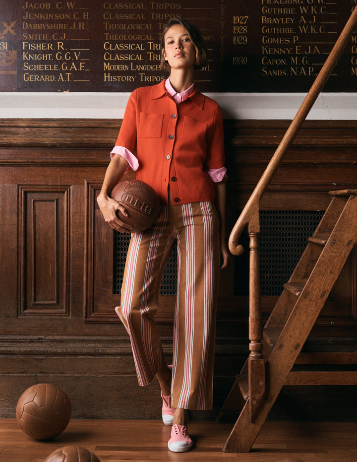 Patch Pocket Cropped Pants-Cognac, Pink Stripe