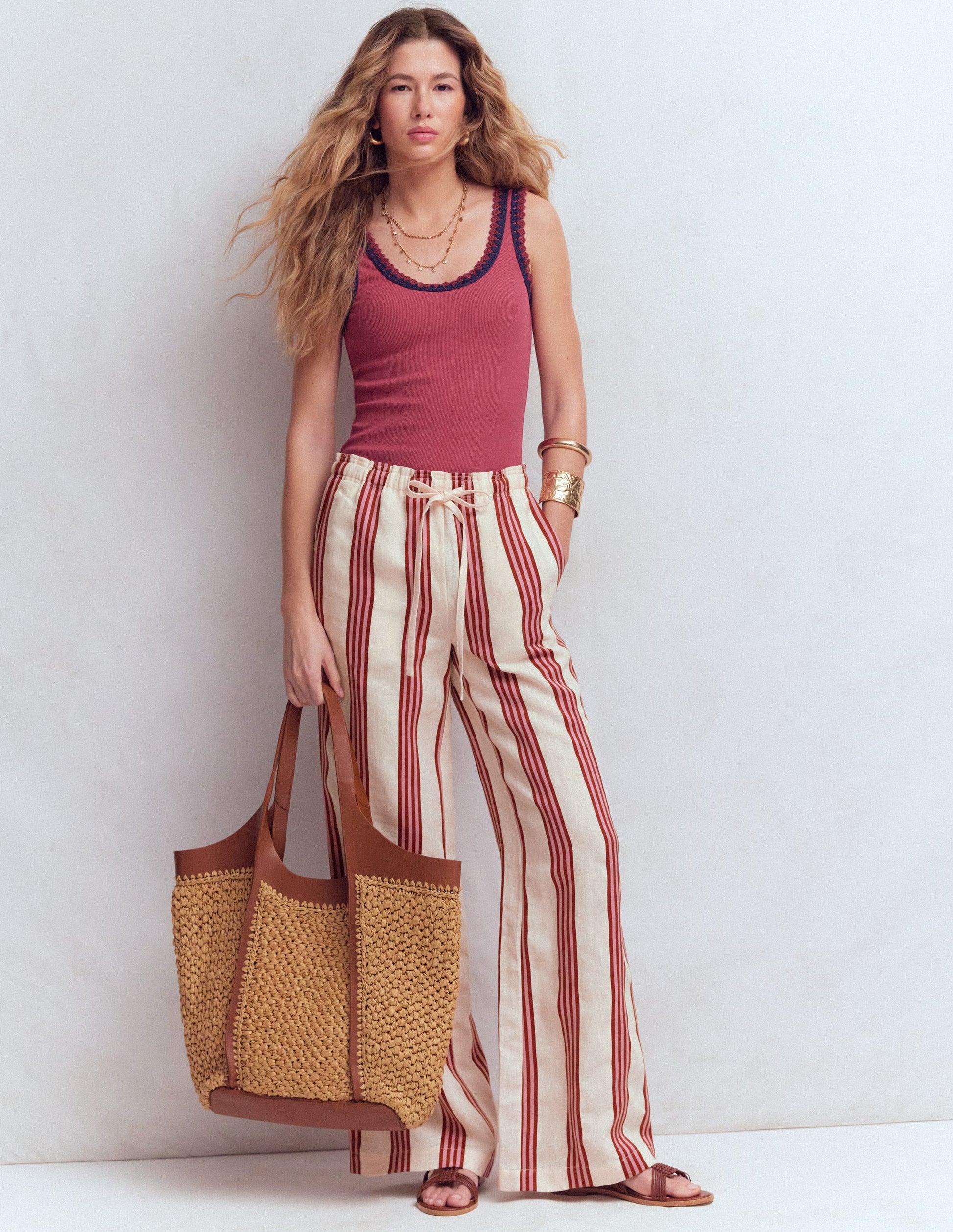 Islington Linen Pants-Ivory, Brown & Pink Stripe-2