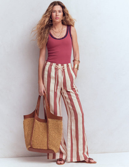 Islington Linen Pants-Ivory, Brown & Pink Stripe