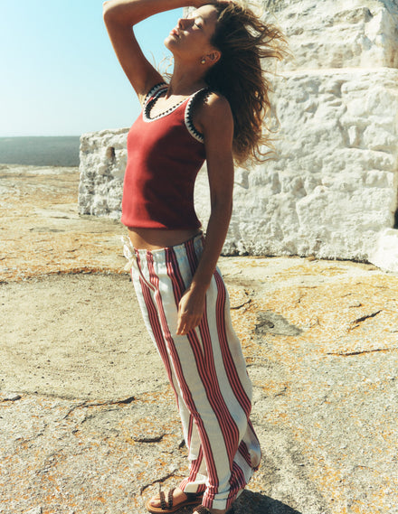 Islington Linen Pants-Ivory, Brown & Pink Stripe