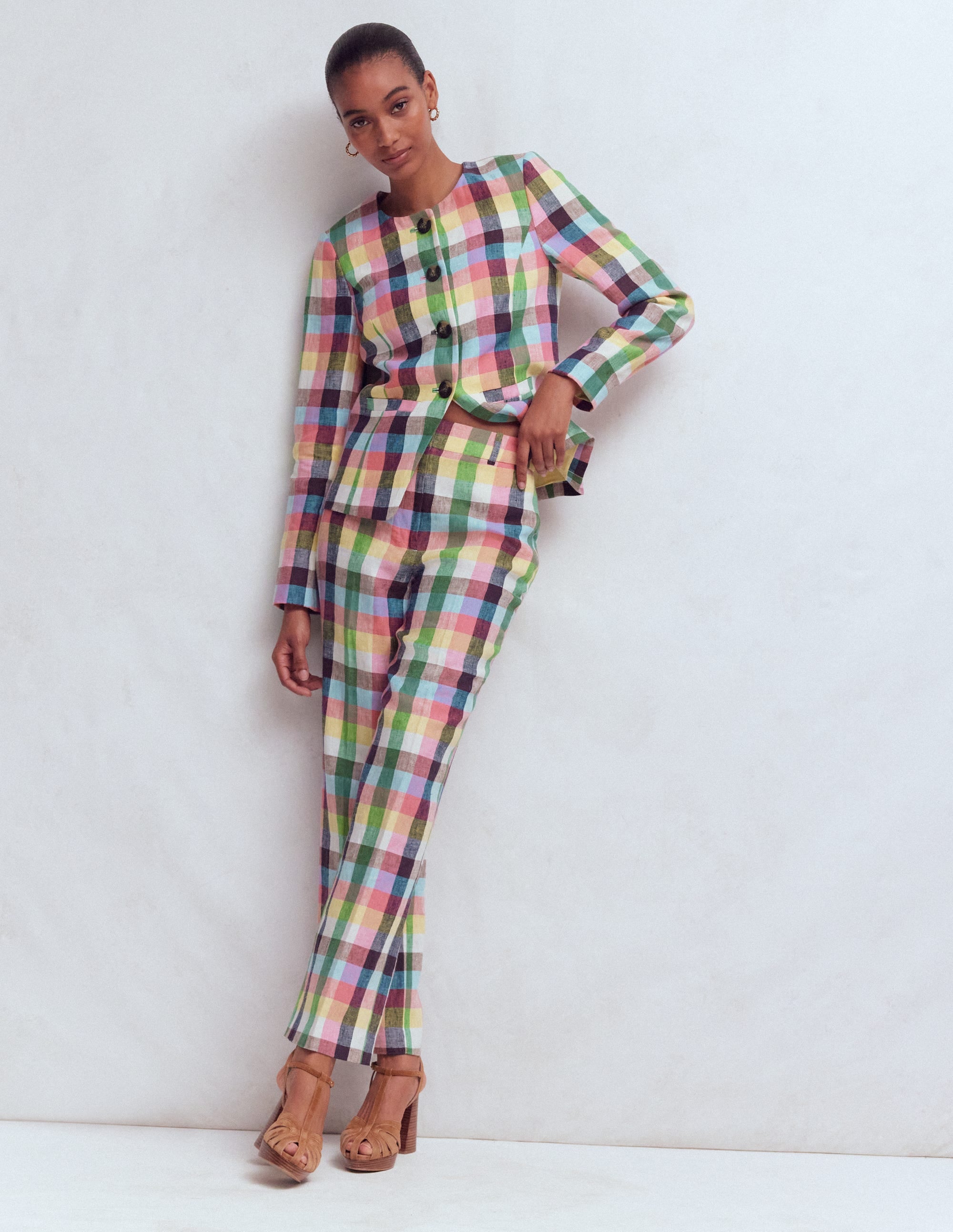 Canonbury 7/8 Linen Pants-Soft Yellow, Pink Multigingham - Image 2