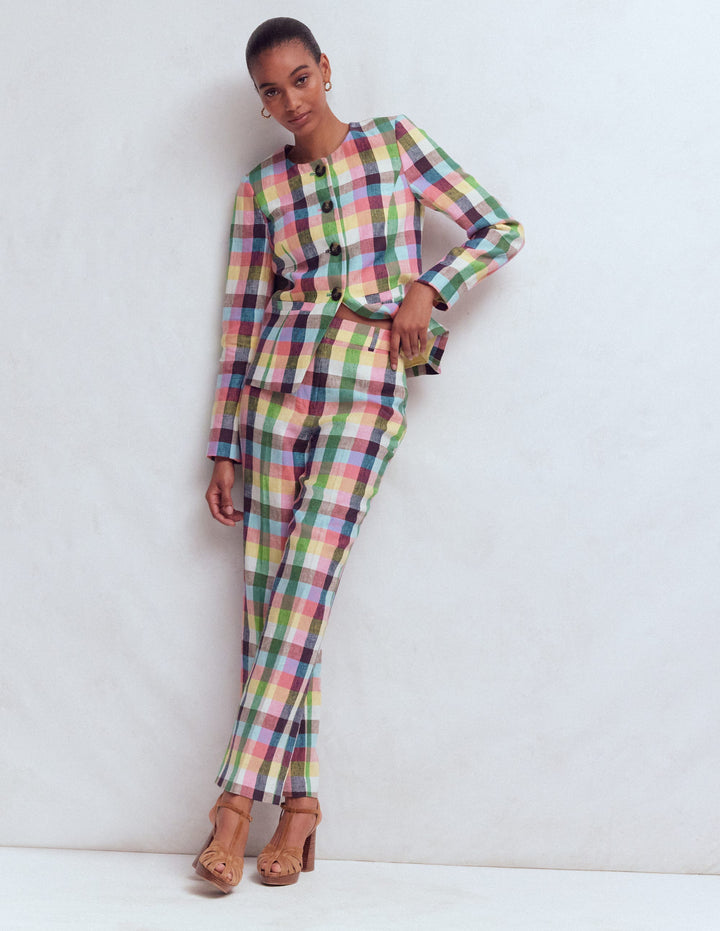 Canonbury Linen Pants-Soft Yellow, Pink Multigingham